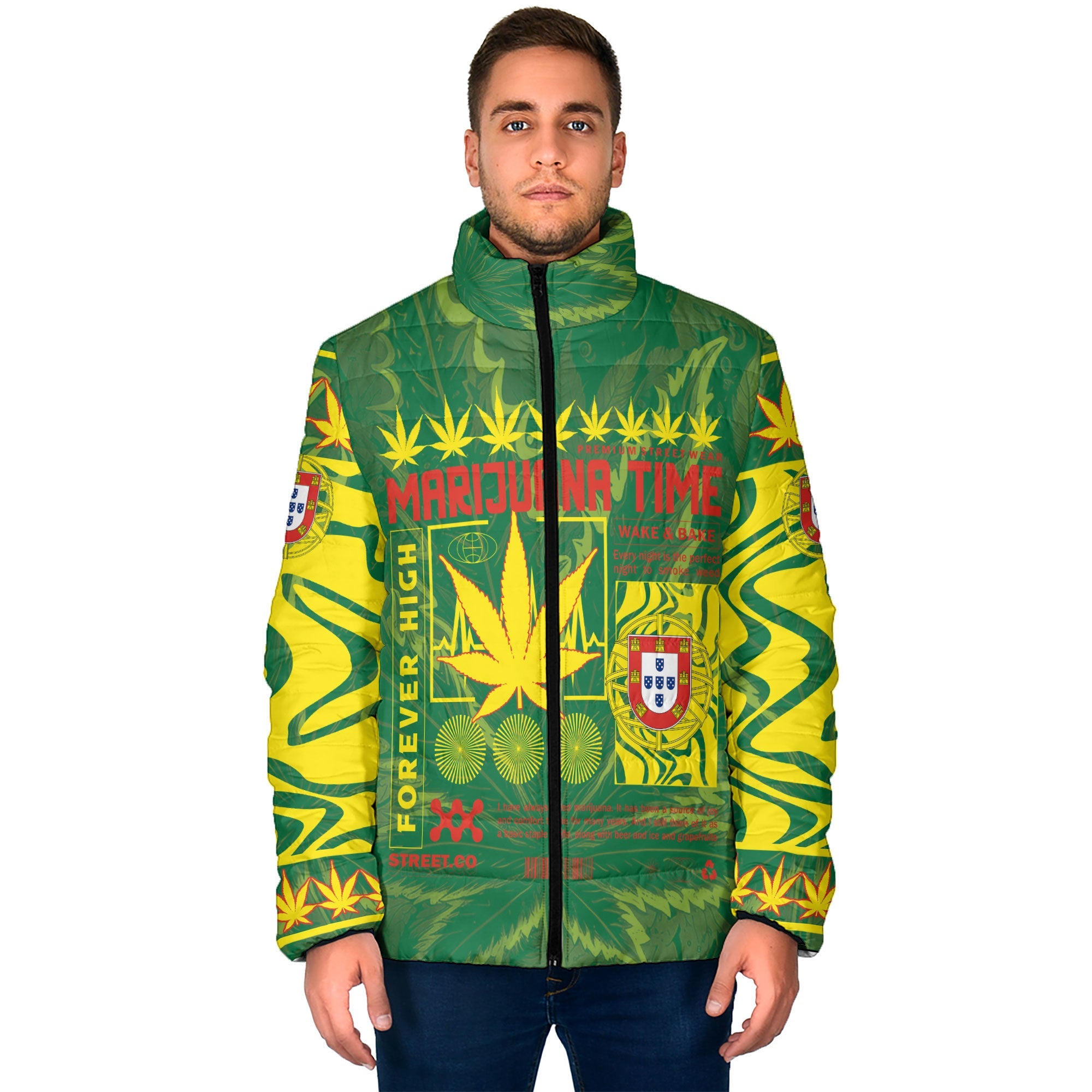 Portugal Men Padded Jacket Flag & Coat Of Arms Marijuanas Style