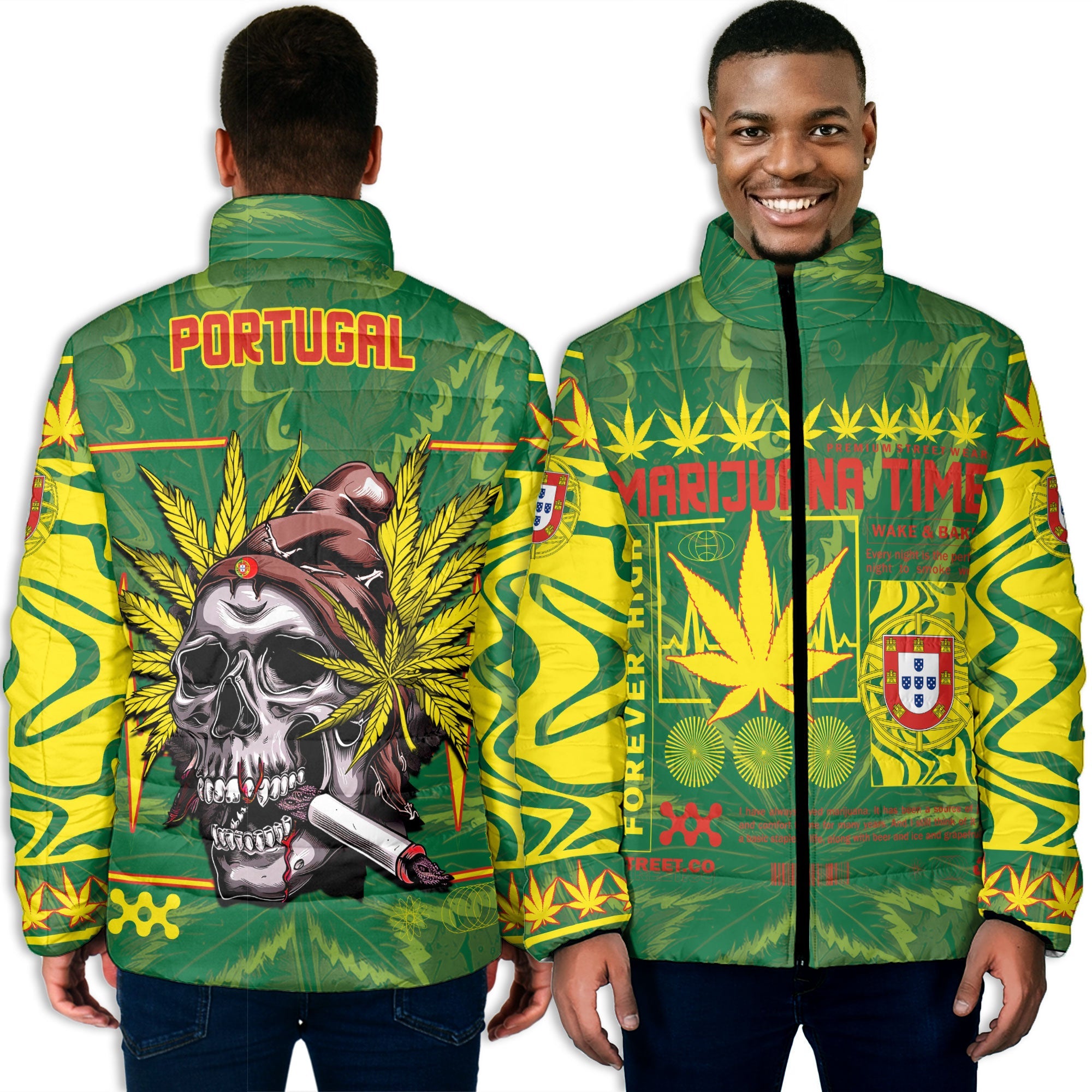 Portugal Men Padded Jacket Flag & Coat Of Arms Marijuanas Style