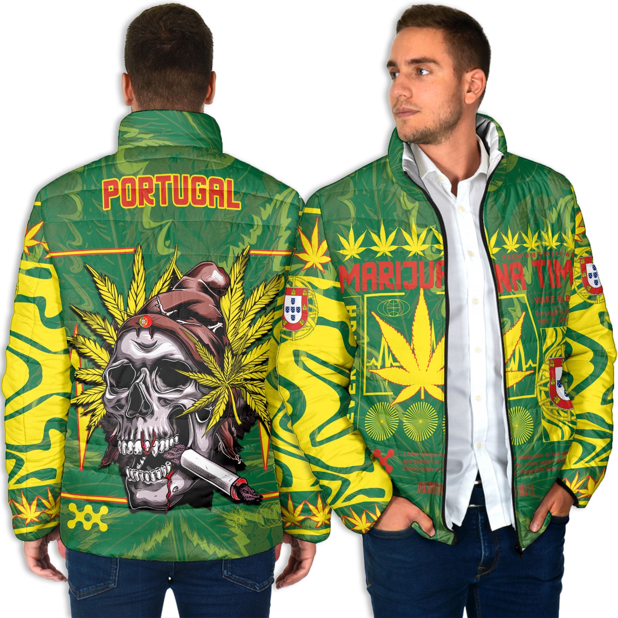 Portugal Men Padded Jacket Flag & Coat Of Arms Marijuanas Style