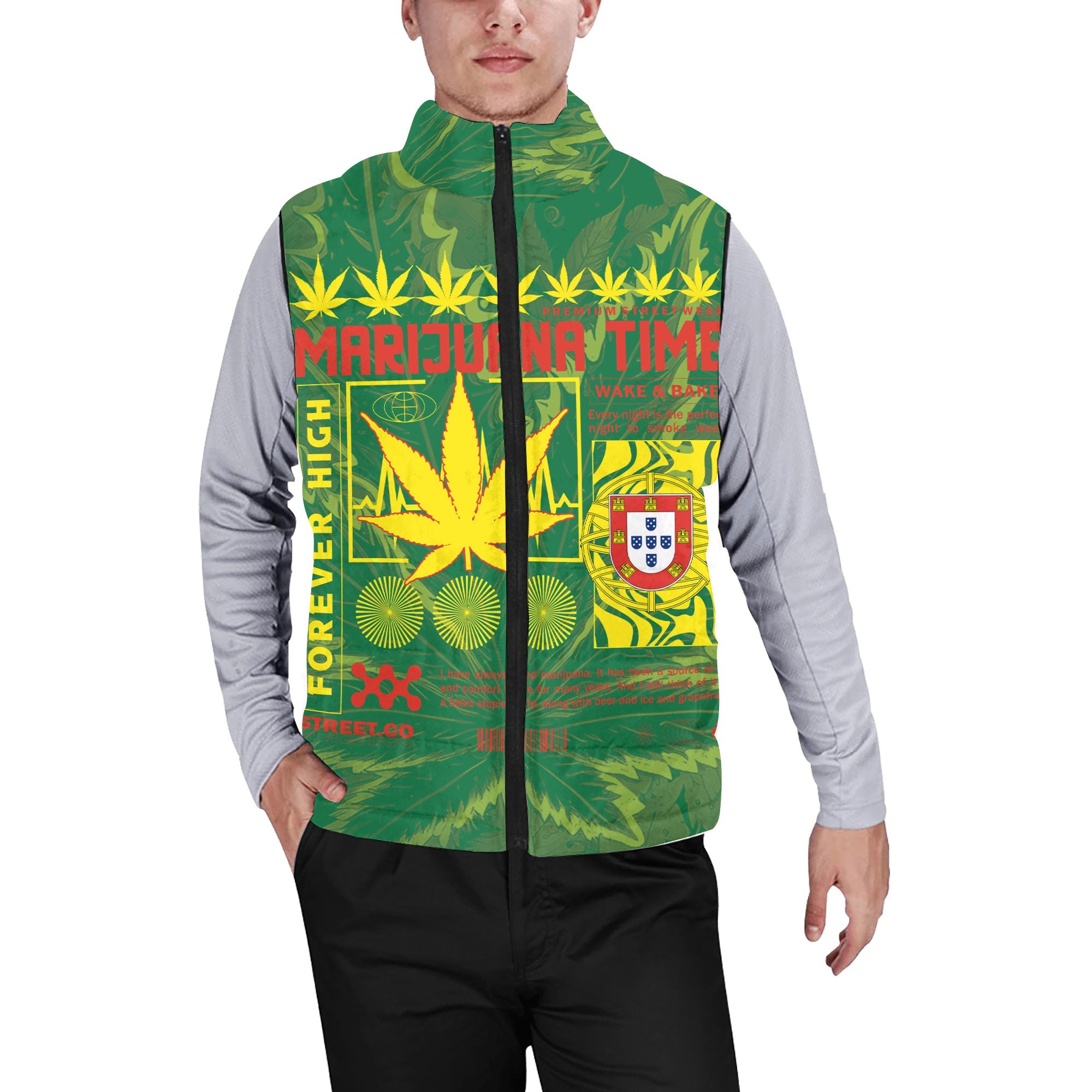 Portugal Men Padded Jacket Vest Flag & Coat Of Arms Marijuanas Style