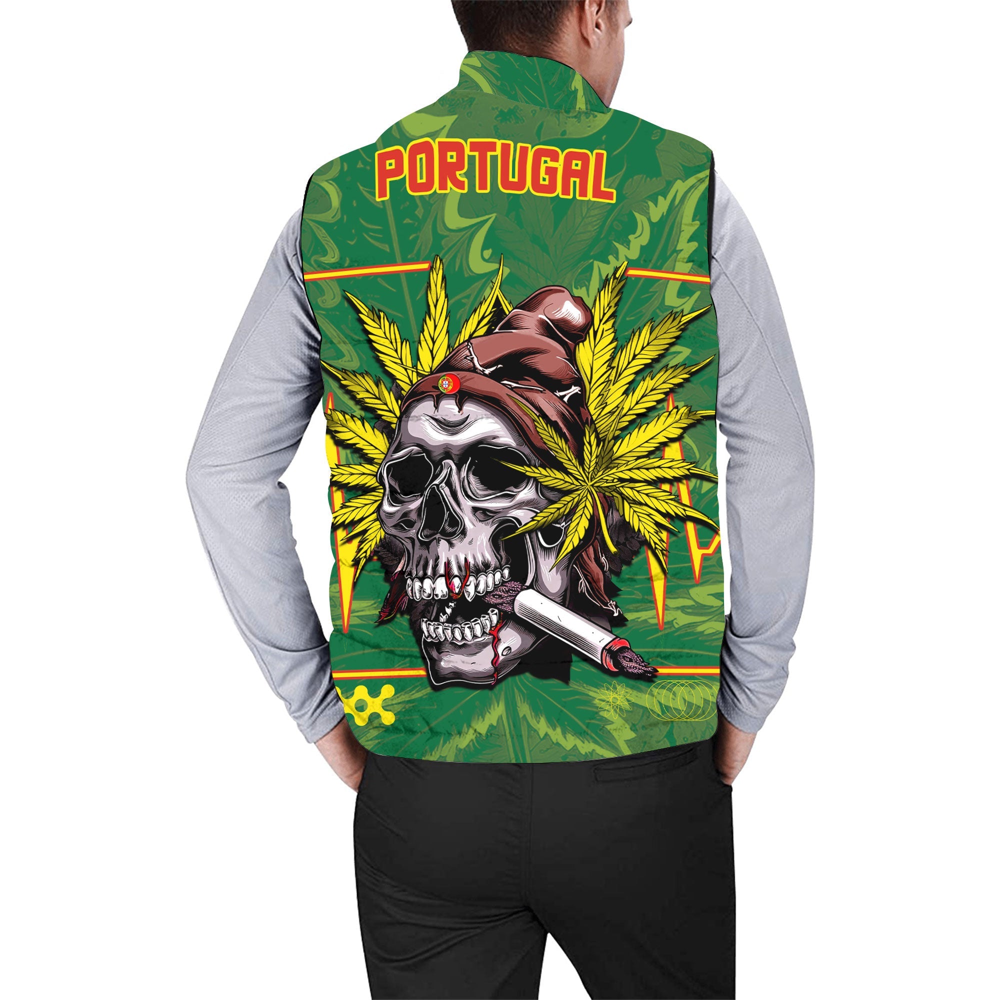 Portugal Men Padded Jacket Vest Flag & Coat Of Arms Marijuanas Style