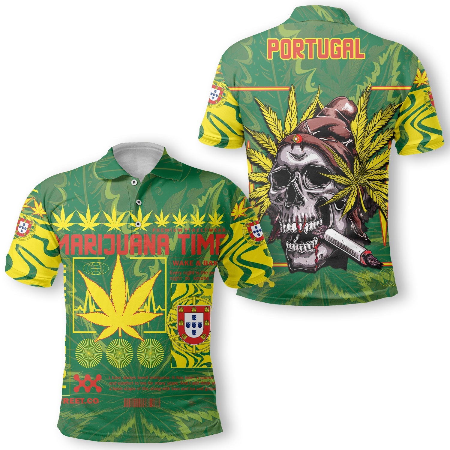 Portugal Polo Shirt Flag & Coat Of Arms Marijuanas Style