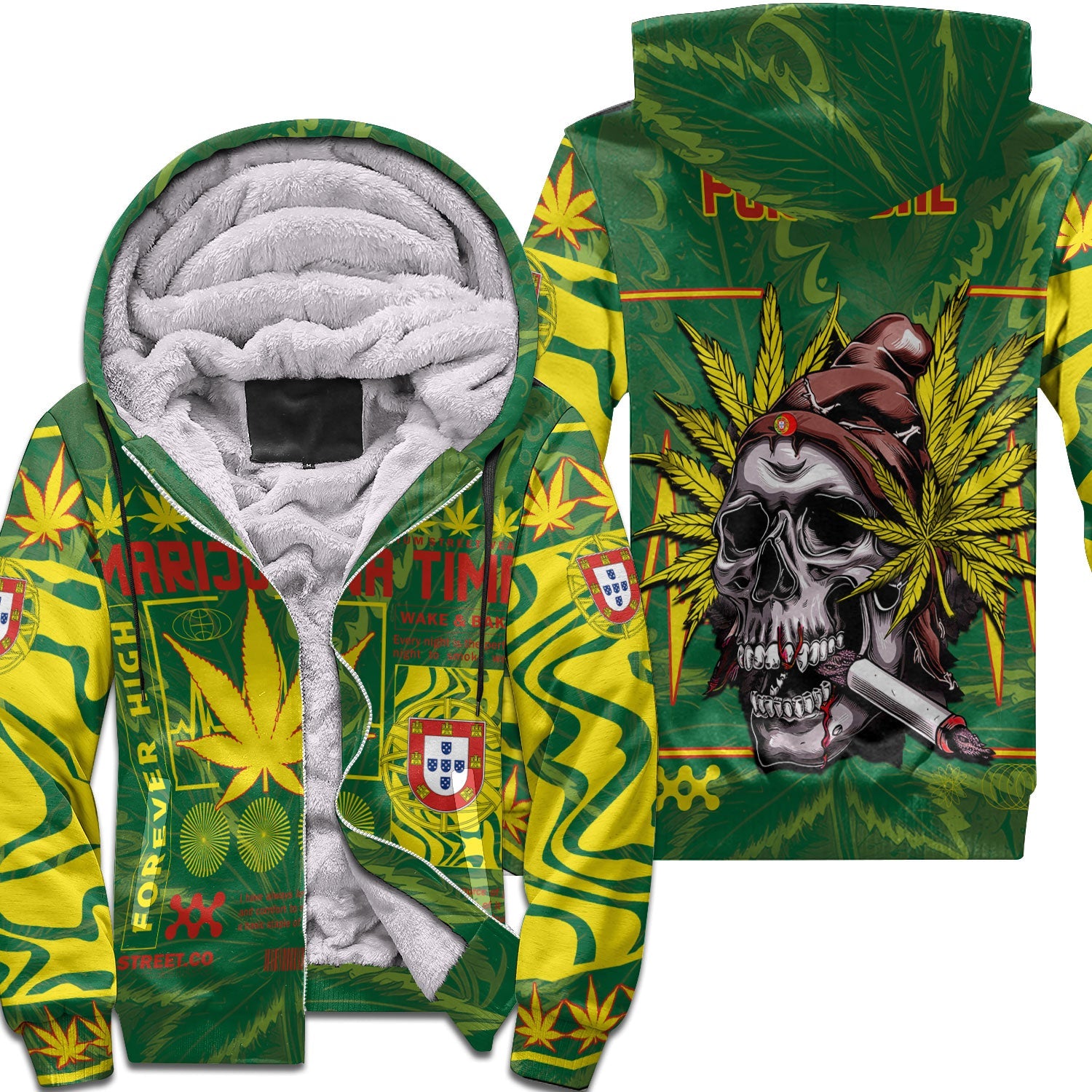 Portugal Sherpa Hoodie Flag & Coat Of Arms Marijuanas Style