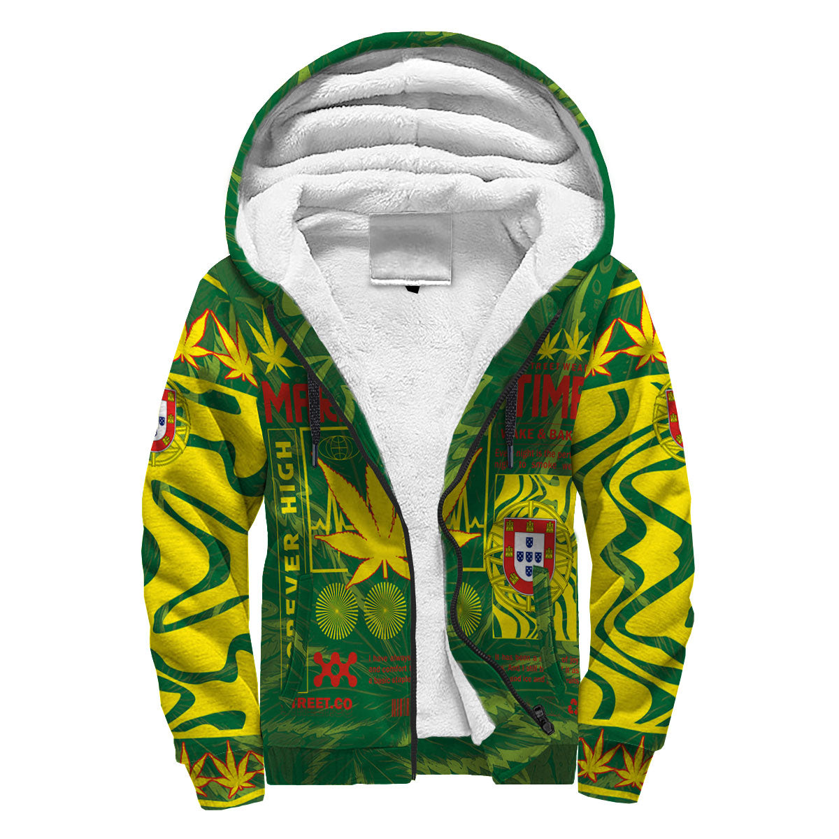 Portugal Sherpa Hoodie Flag & Coat Of Arms Marijuanas Style