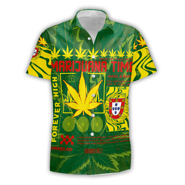 Portugal Short Sleeve Shirt Flag & Coat Of Arms Marijuanas Style