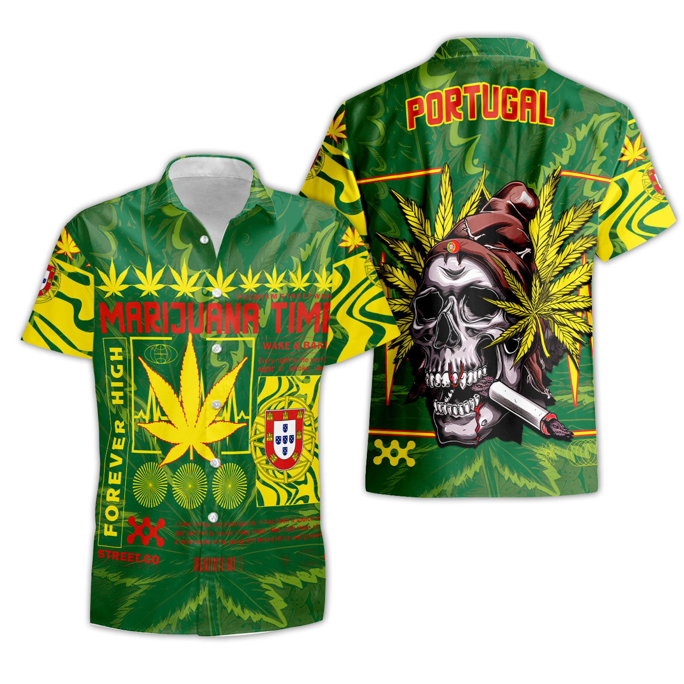 Portugal Short Sleeve Shirt Flag & Coat Of Arms Marijuanas Style