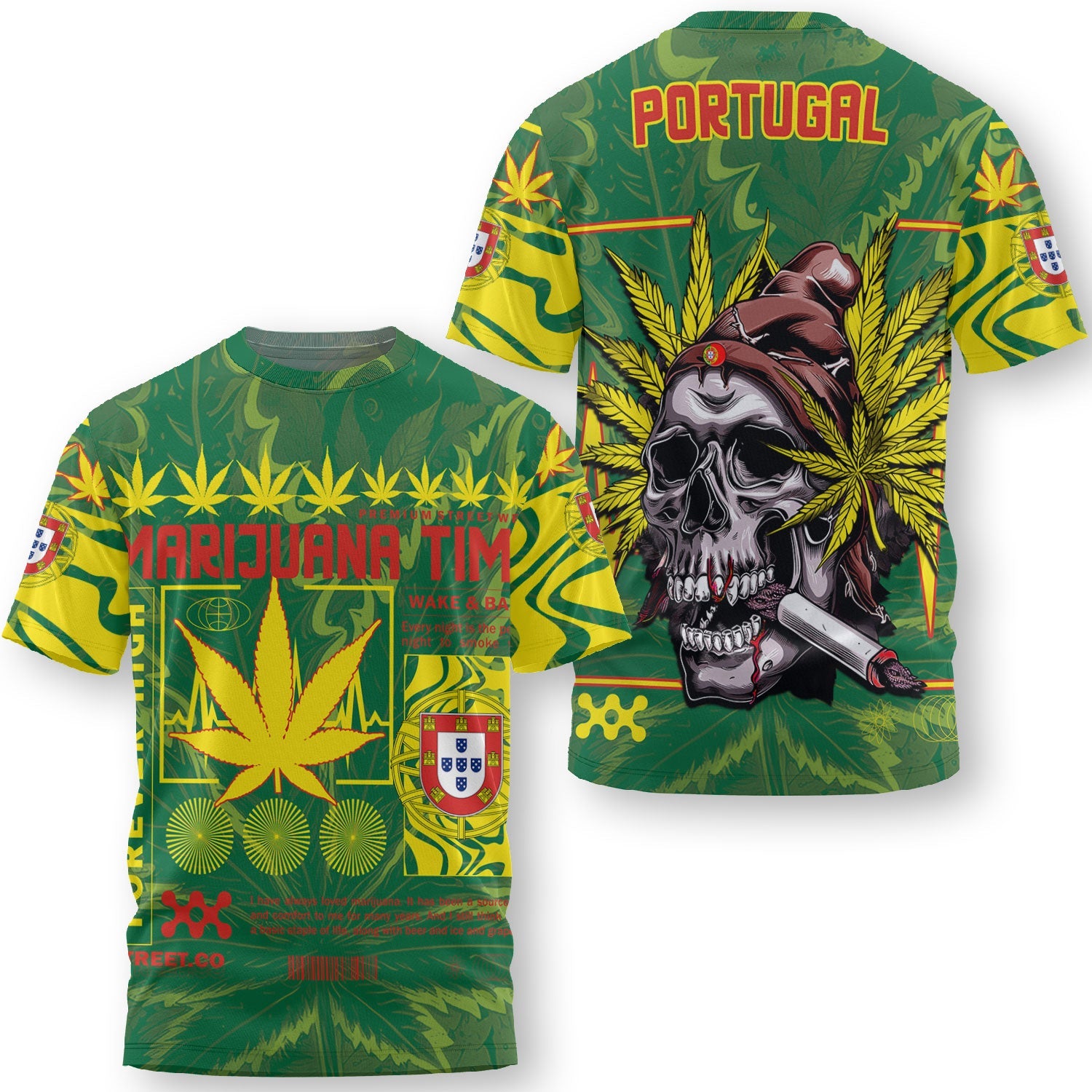 Portugal T Shirt Flag & Coat Of Arms Marijuanas Style