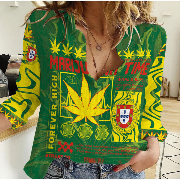 Portugal Women Casual Shirt Flag & Coat Of Arms Marijuanas Style