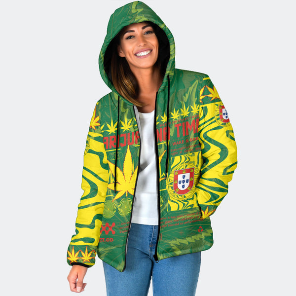 Portugal Women Hooded Padded Jacket Flag & Coat Of Arms Marijuanas Style