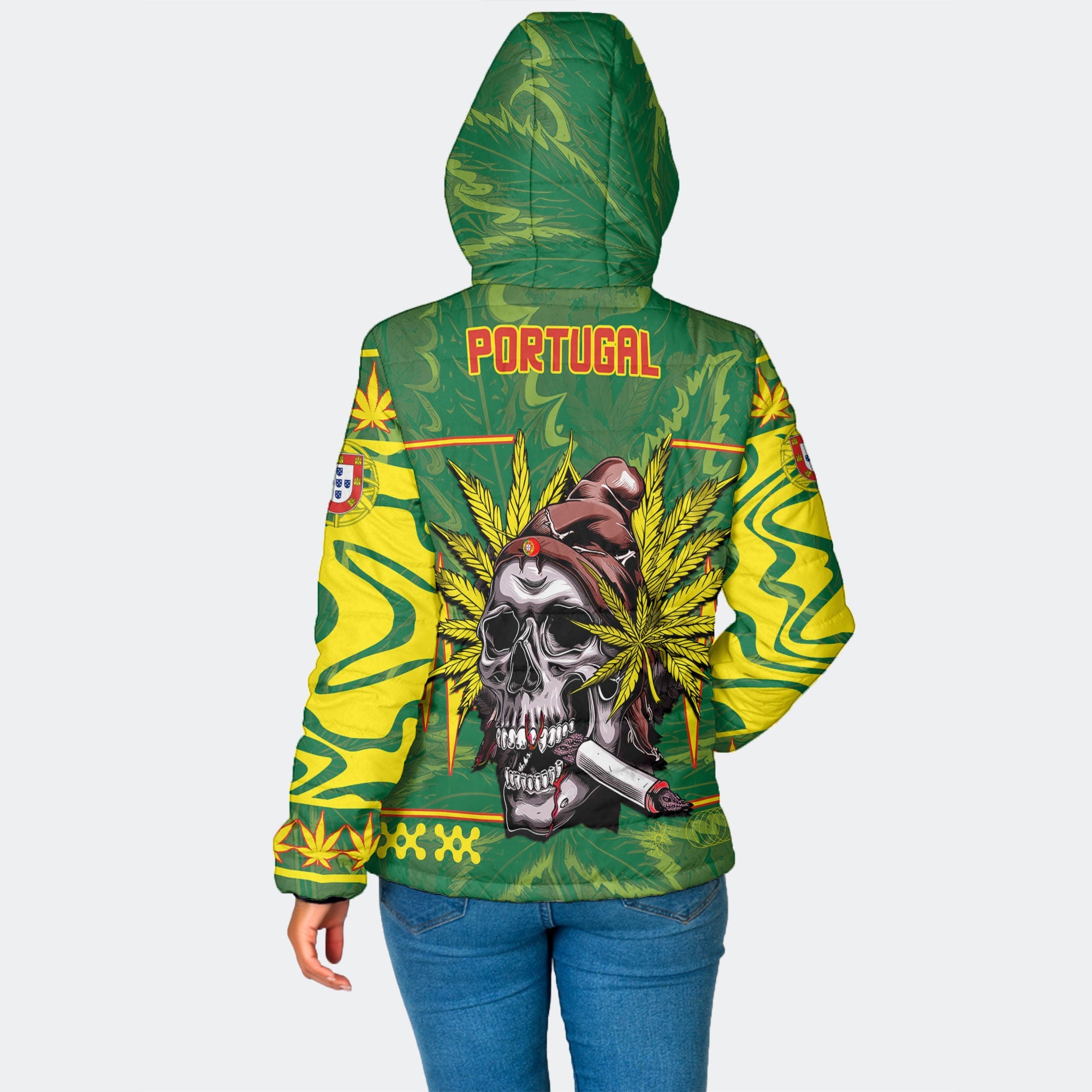 Portugal Women Hooded Padded Jacket Flag & Coat Of Arms Marijuanas Style