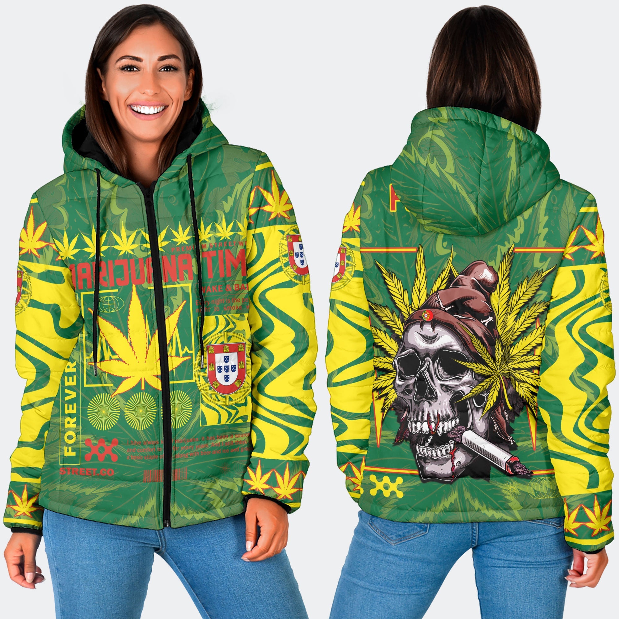 Portugal Women Hooded Padded Jacket Flag & Coat Of Arms Marijuanas Style