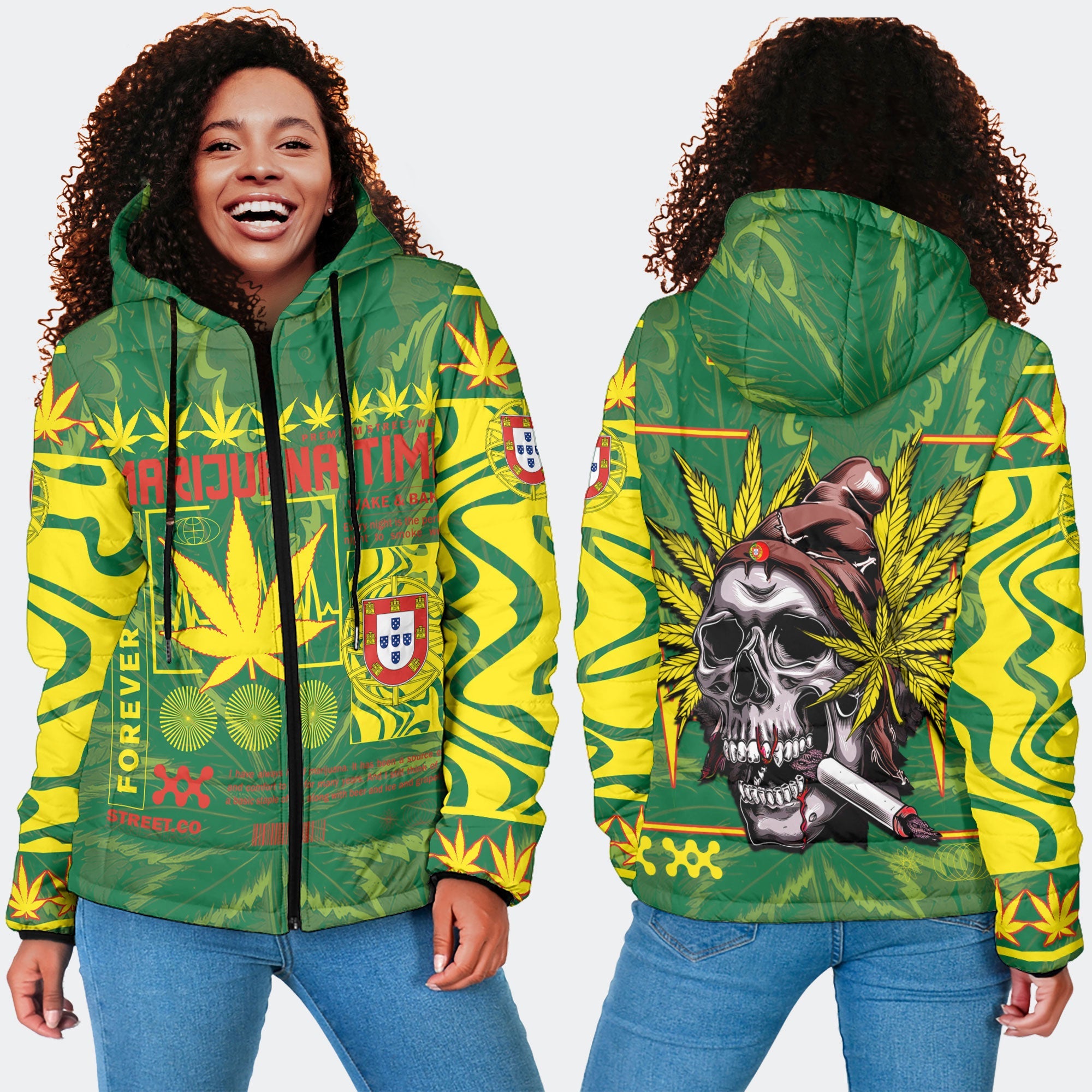 Portugal Women Hooded Padded Jacket Flag & Coat Of Arms Marijuanas Style