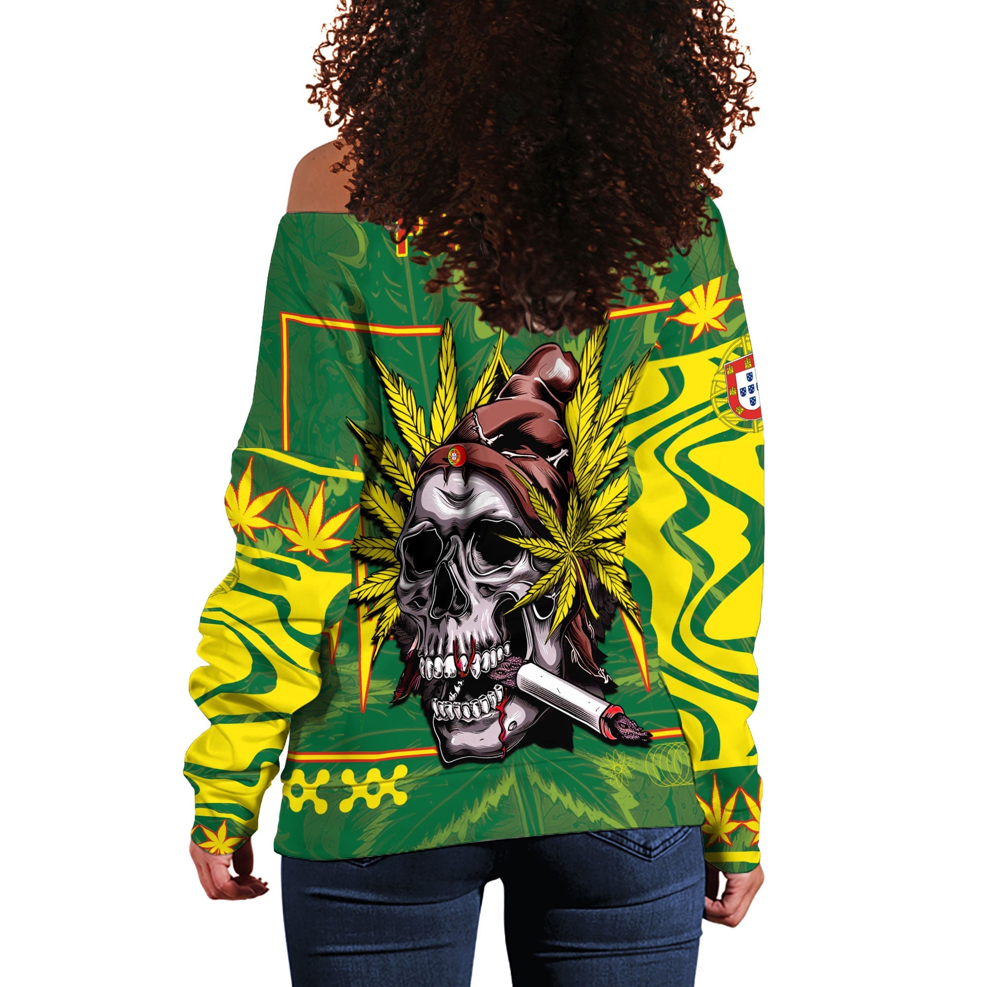 Portugal Women Off Shoulder Sweatshirt Flag & Coat Of Arms Marijuanas Style