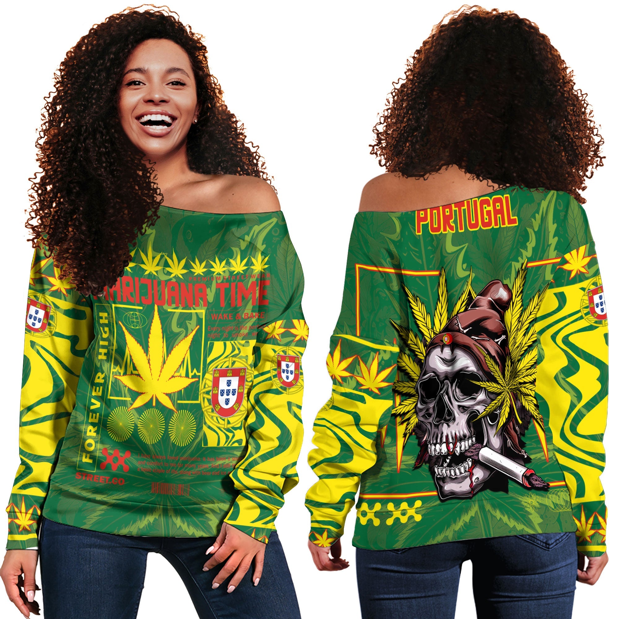 Portugal Women Off Shoulder Sweatshirt Flag & Coat Of Arms Marijuanas Style