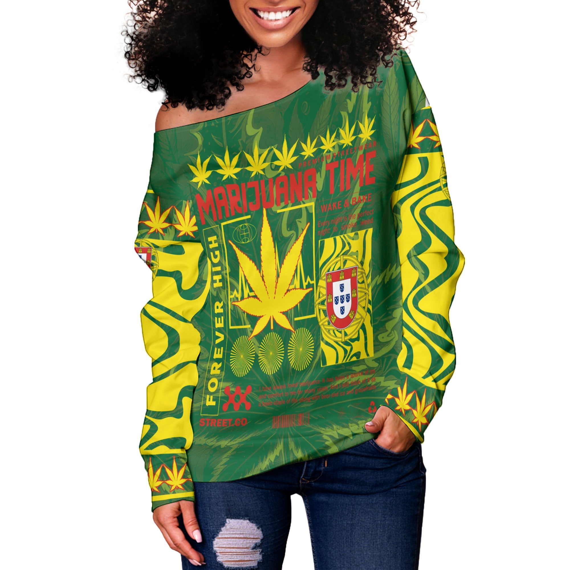 Portugal Women Off Shoulder Sweatshirt Flag & Coat Of Arms Marijuanas Style