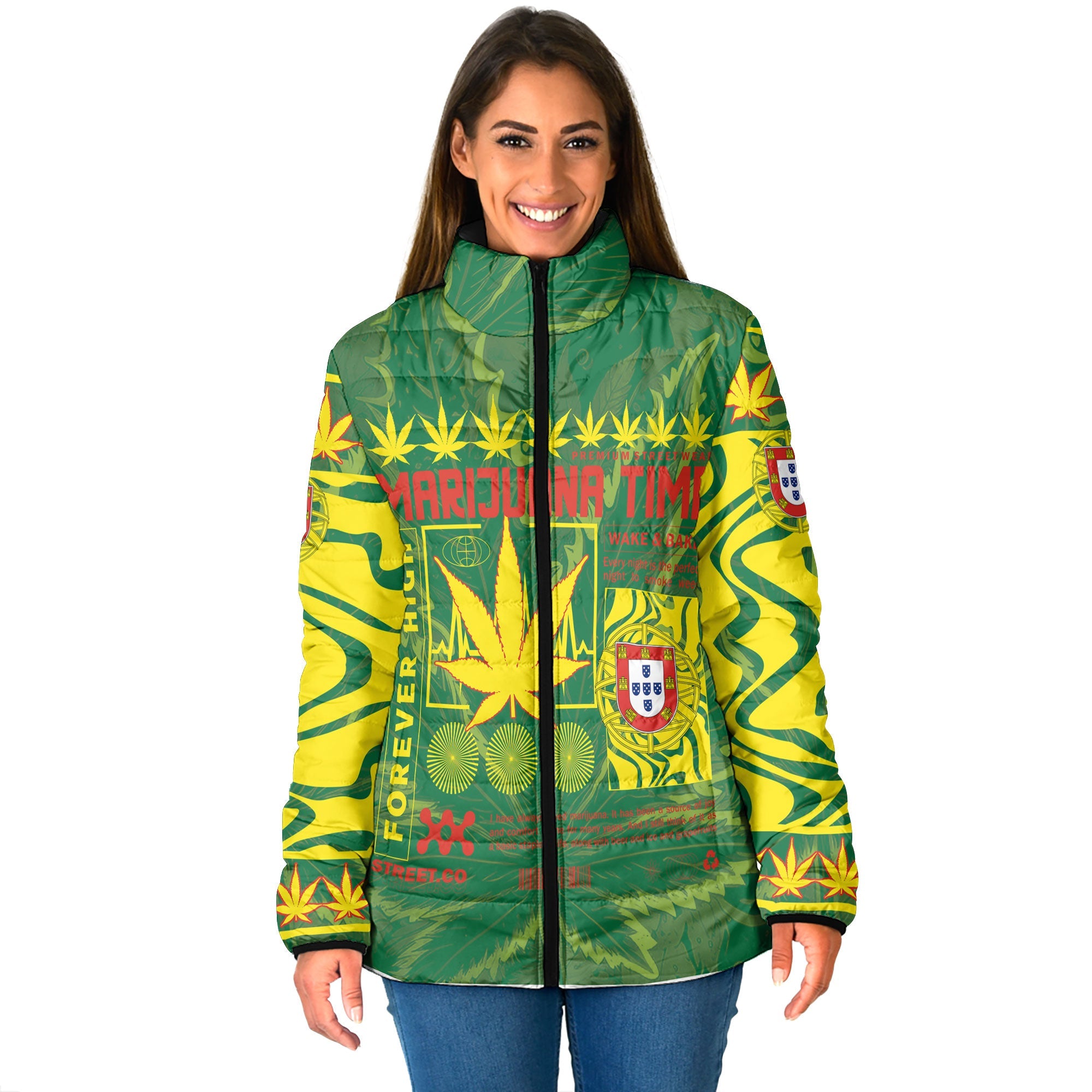 Portugal Women Padded Jacket Flag & Coat Of Arms Marijuanas Style