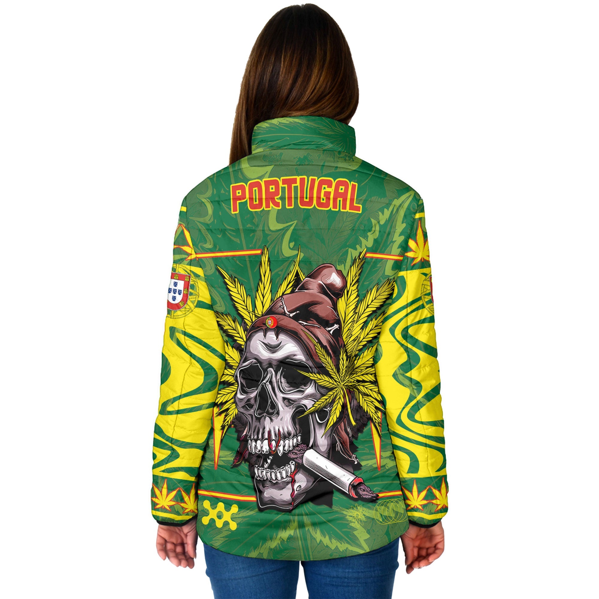 Portugal Women Padded Jacket Flag & Coat Of Arms Marijuanas Style