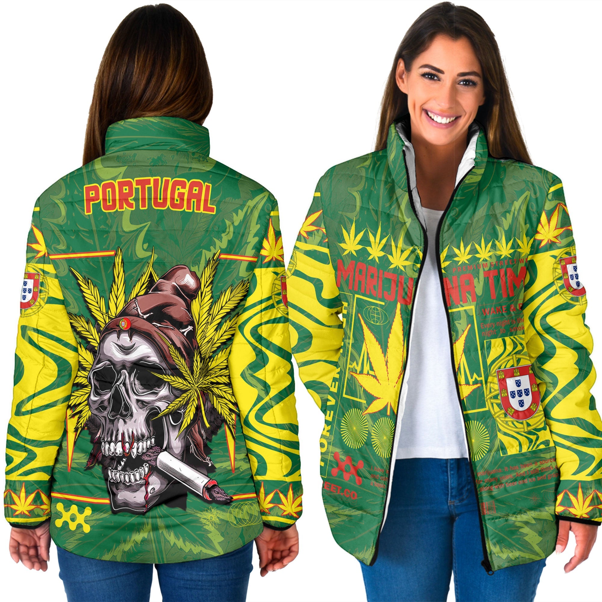 Portugal Women Padded Jacket Flag & Coat Of Arms Marijuanas Style