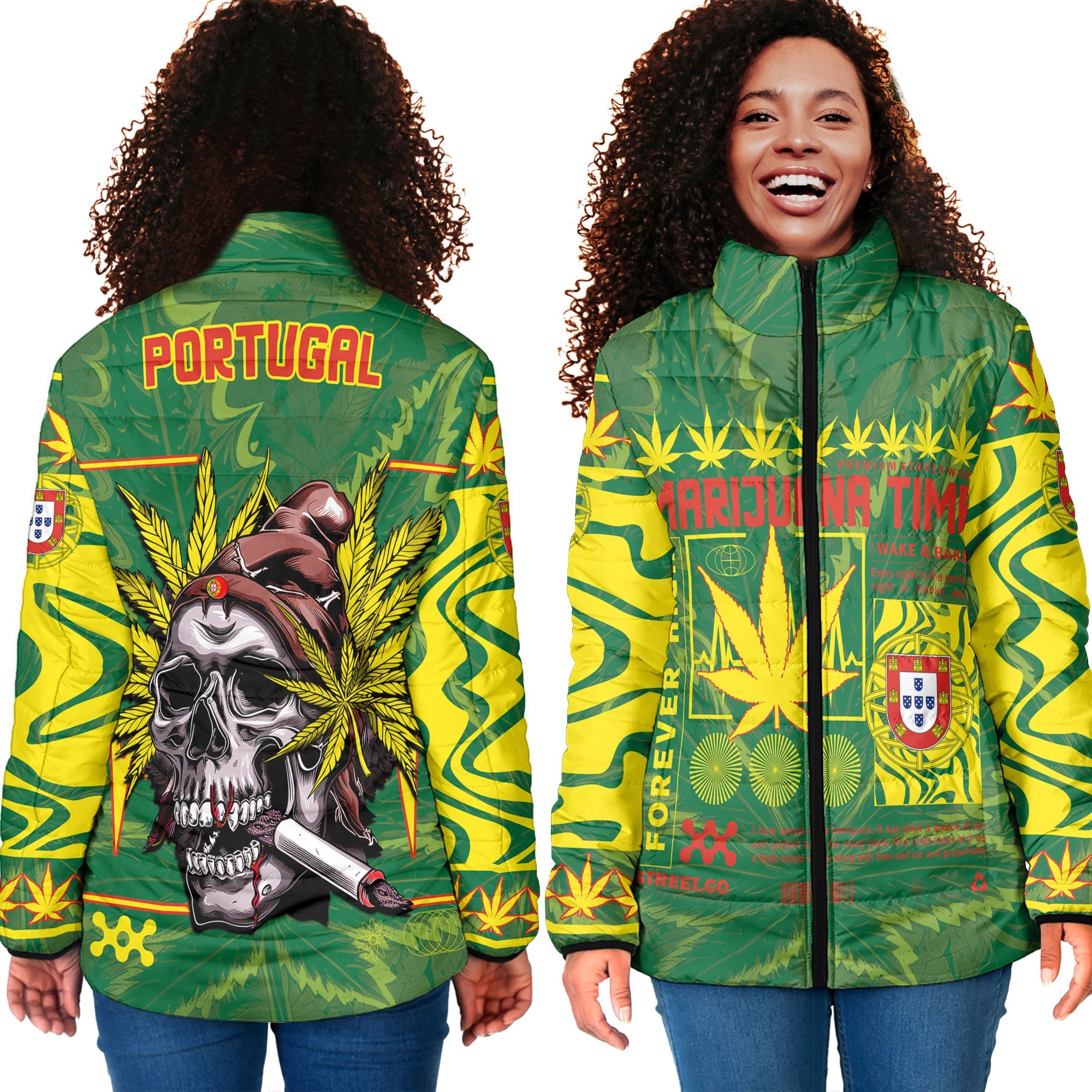 Portugal Women Padded Jacket Flag & Coat Of Arms Marijuanas Style