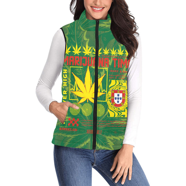 Portugal Women Padded Jacket Vest Flag & Coat Of Arms Marijuanas Style