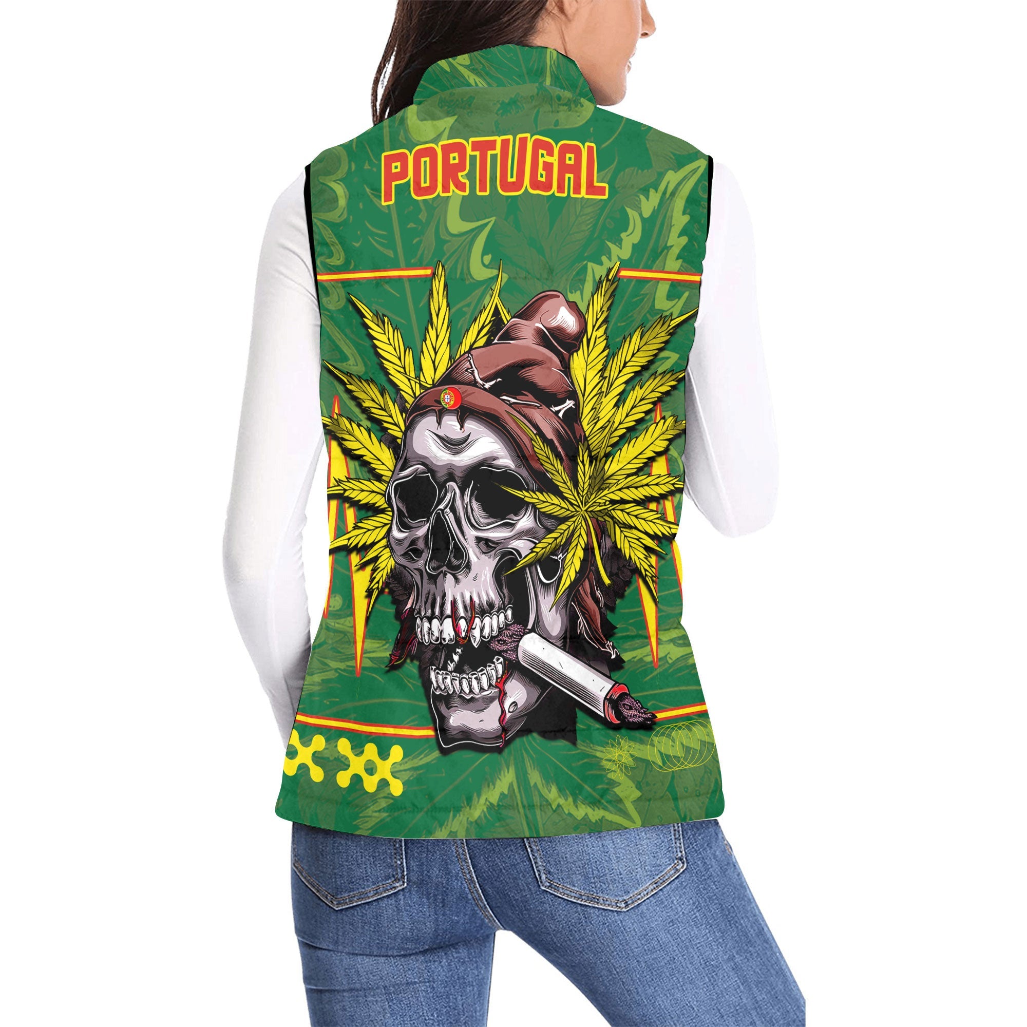 Portugal Women Padded Jacket Vest Flag & Coat Of Arms Marijuanas Style