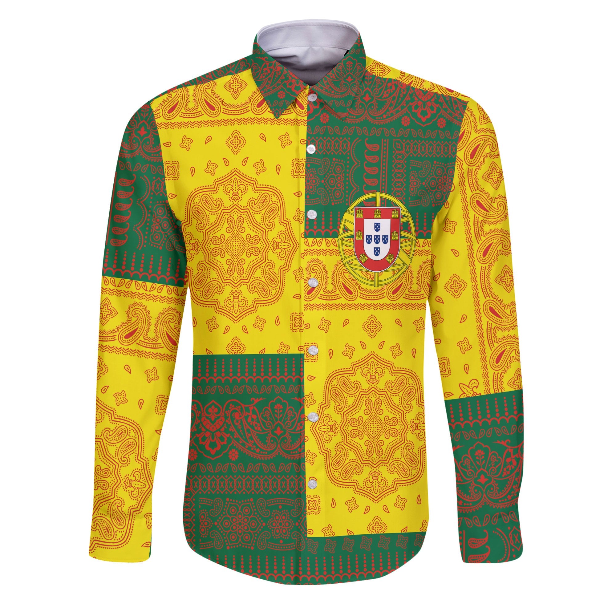 Portugal Long Sleeve Button Shirt Flag And Paisley Basic Style 1