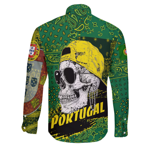 Portugal Long Sleeve Button Shirt Paisley Flag And Skull Style 2