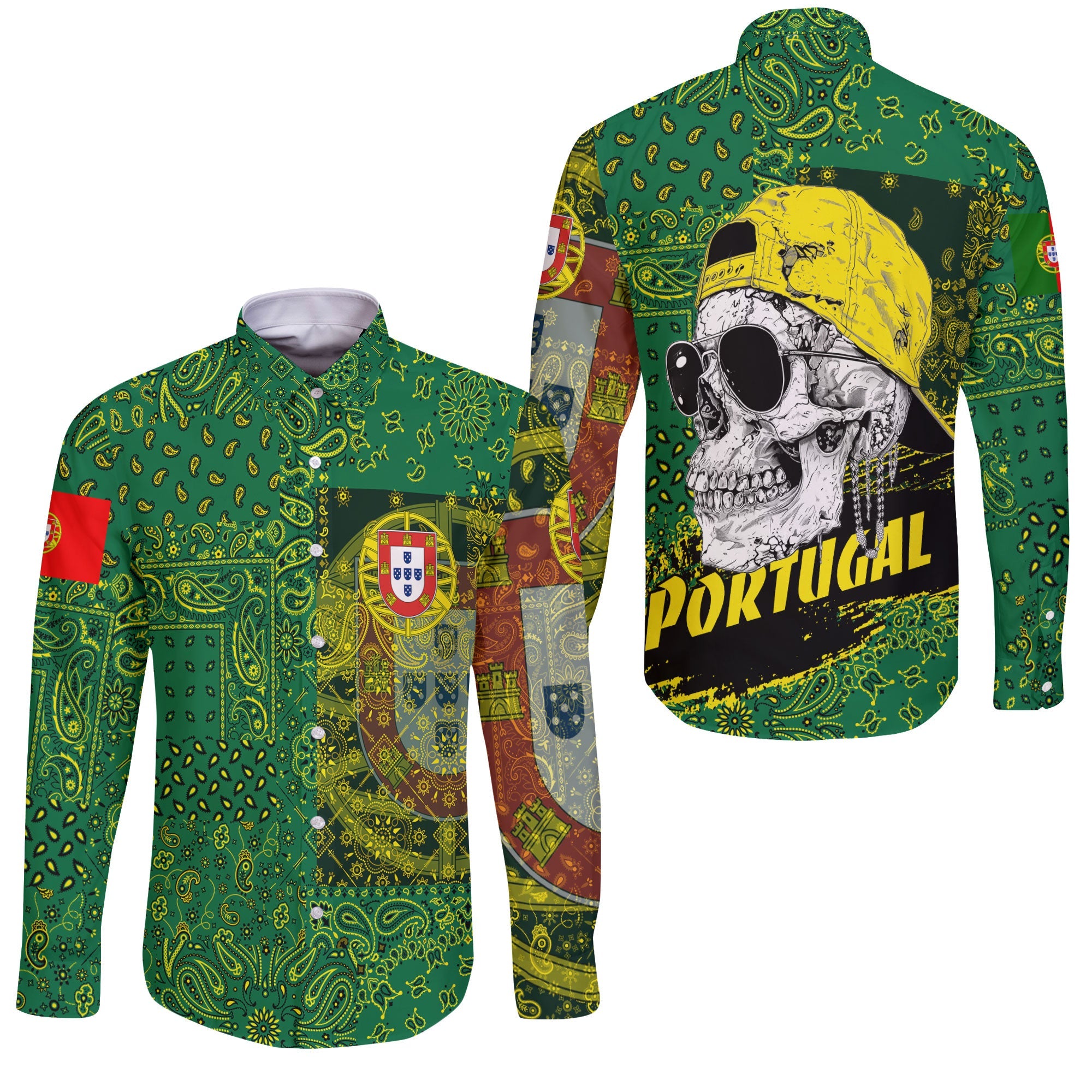 Portugal Long Sleeve Button Shirt Paisley Flag And Skull Style 3