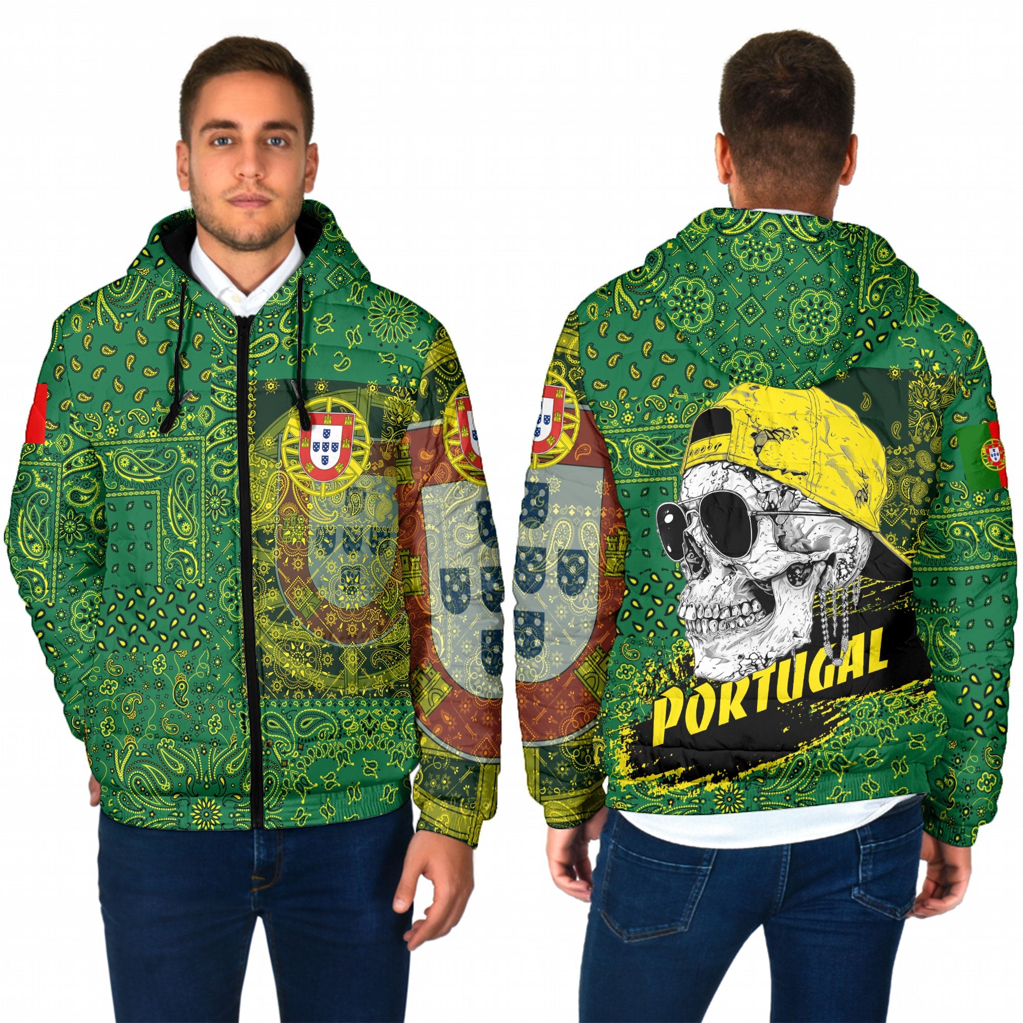 Portugal Men Hooded Padded Jacket Paisley Flag And Skull Style 1