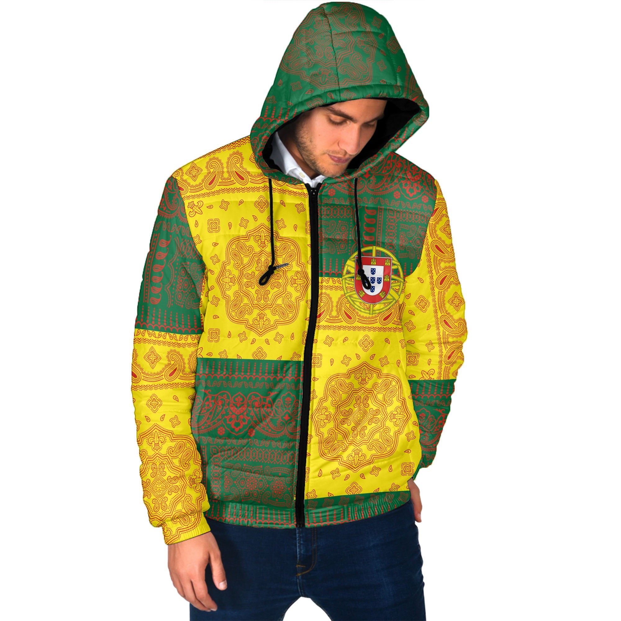 Portugal Men Hooded Padded Jacket Flag And Paisley Basic Style 2