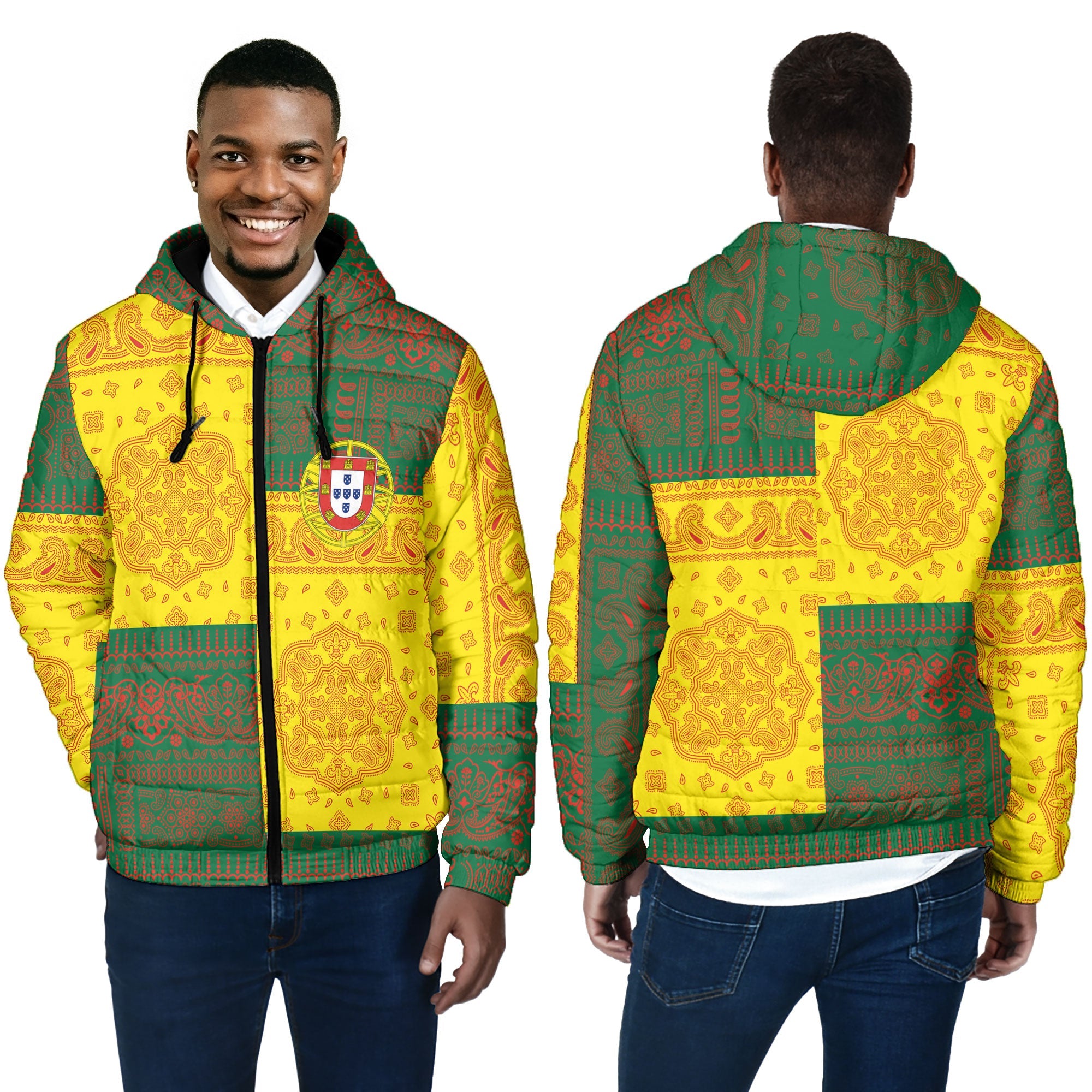 Portugal Men Hooded Padded Jacket Flag And Paisley Basic Style 4