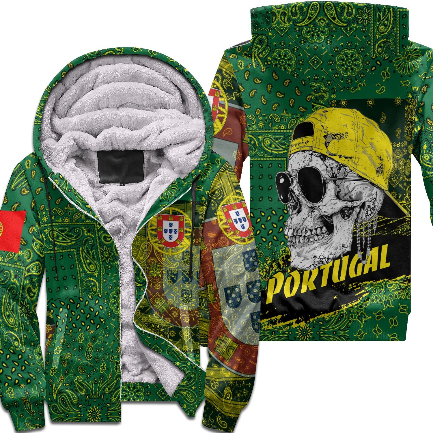 Portugal Sherpa Hoodie Paisley Flag And Skull Style 1