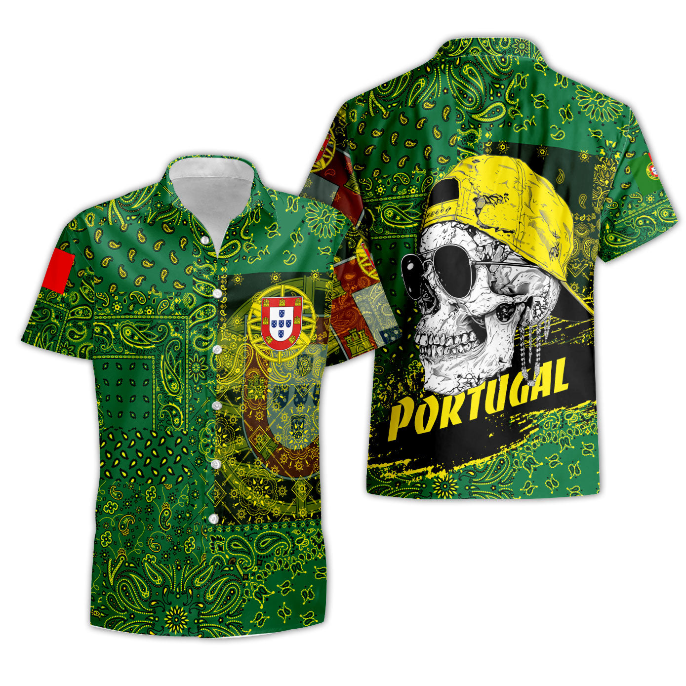 Portugal Short Sleeve Shirt Paisley Flag And Skull Style 3