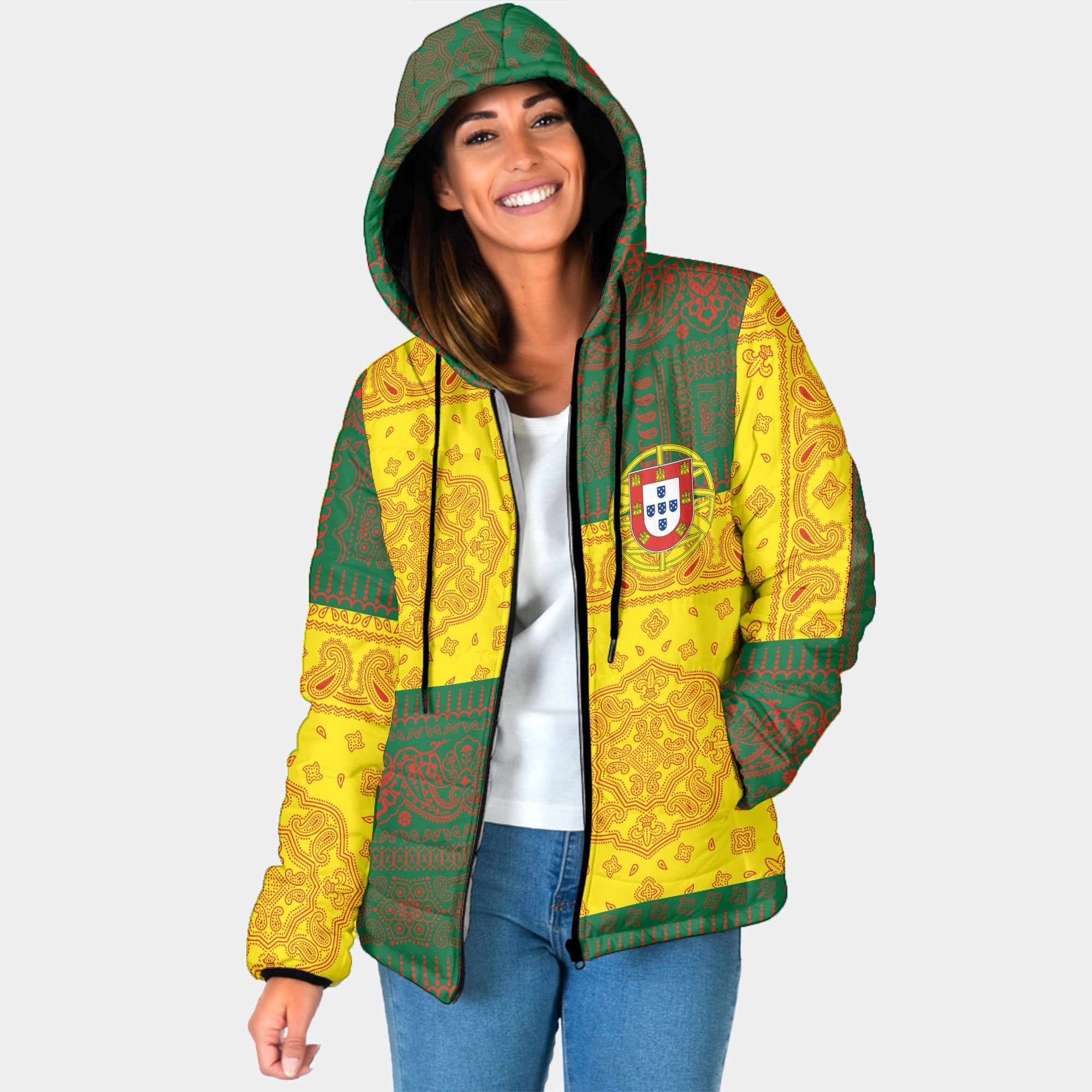 Portugal Women Hooded Padded Jacket Flag And Paisley Basic Style 1