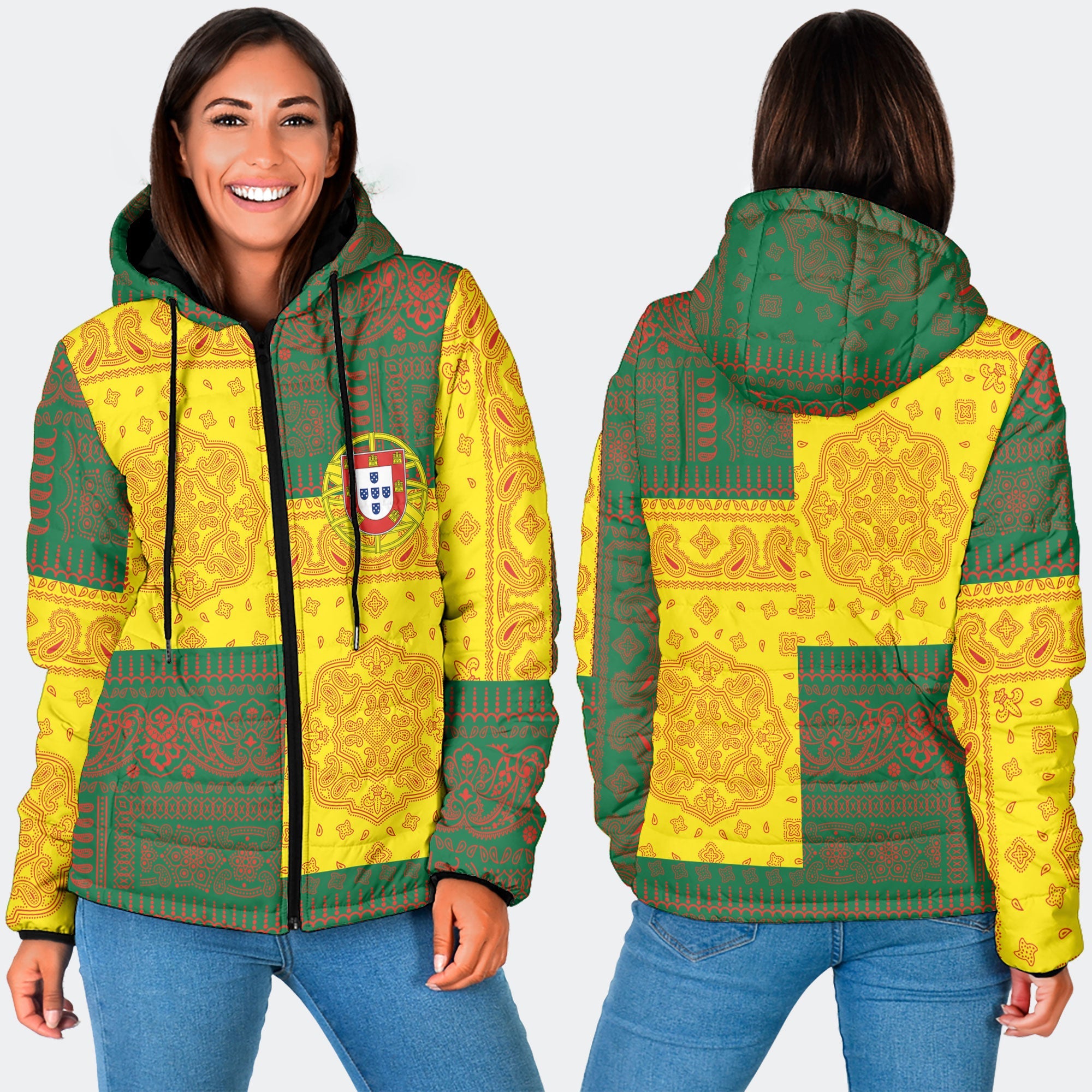 Portugal Women Hooded Padded Jacket Flag And Paisley Basic Style 3