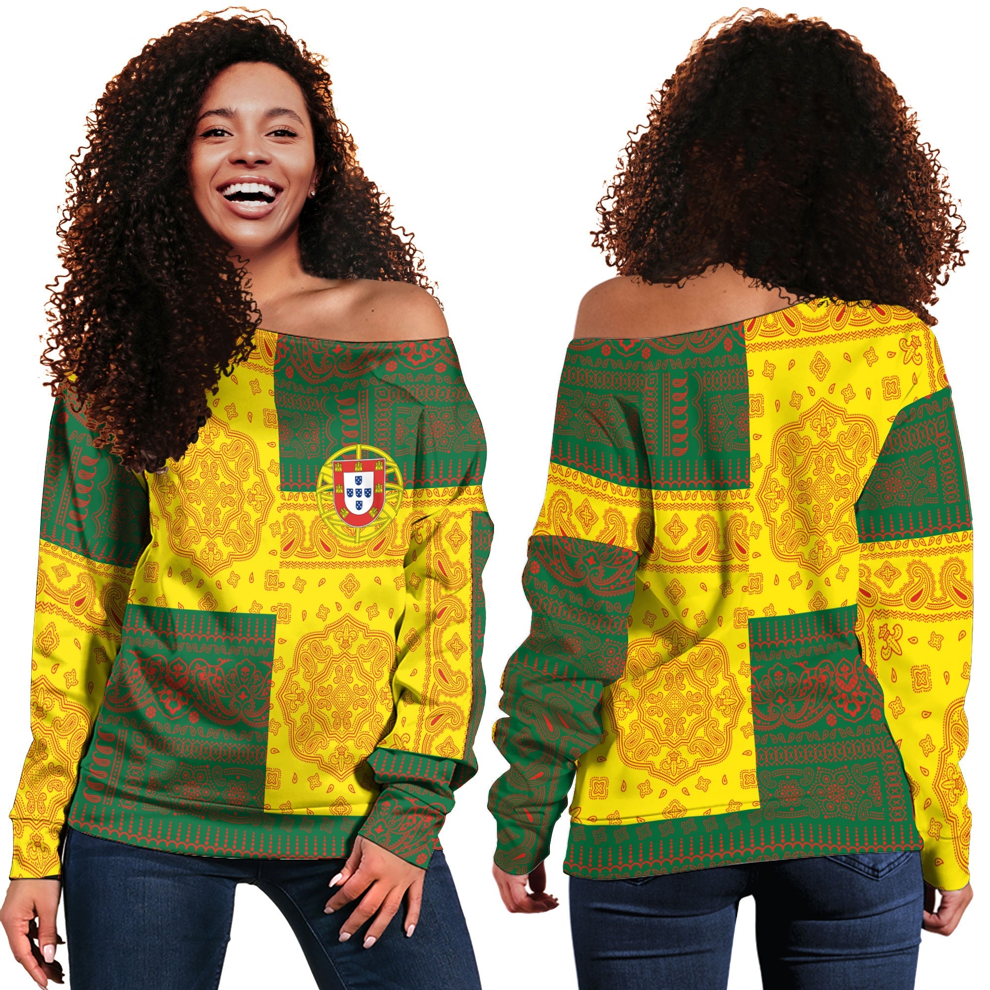 Portugal Women Off Shoulder Sweatshirt Flag And Paisley Basic Style 1