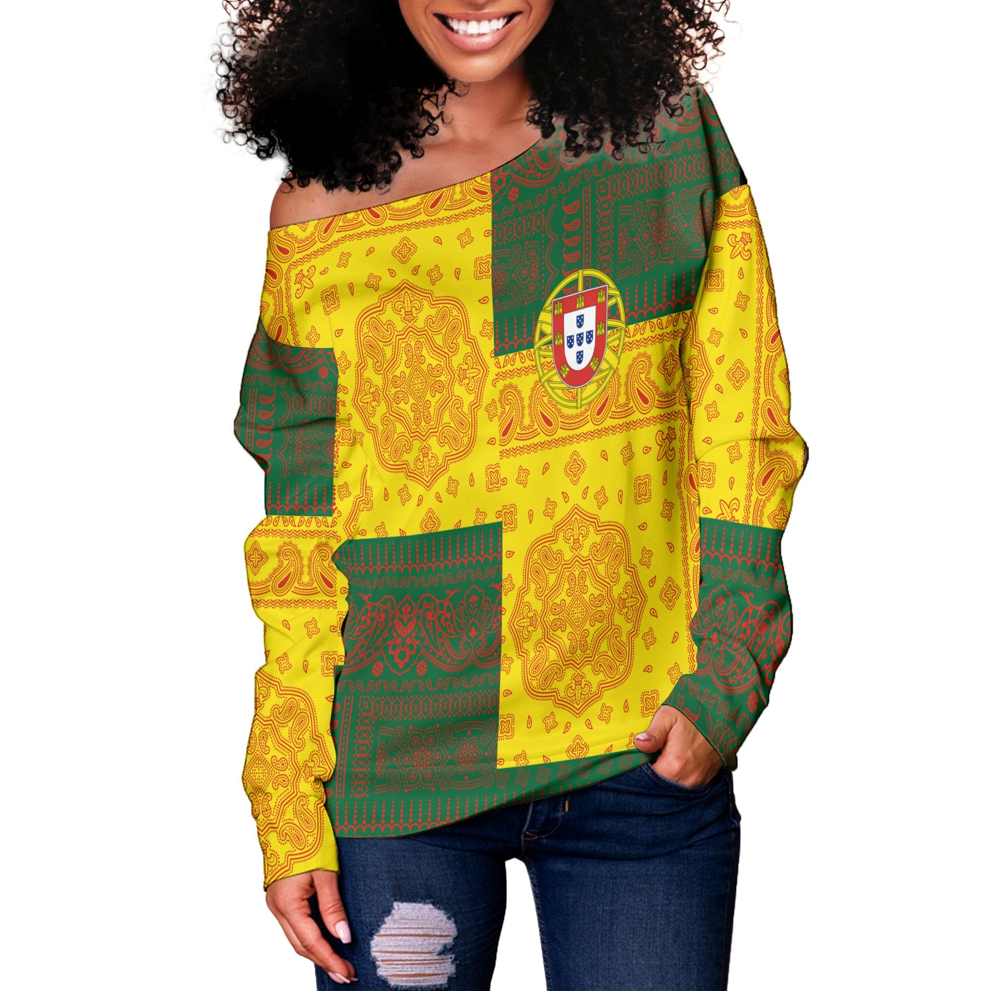 Portugal Women Off Shoulder Sweatshirt Flag And Paisley Basic Style 2