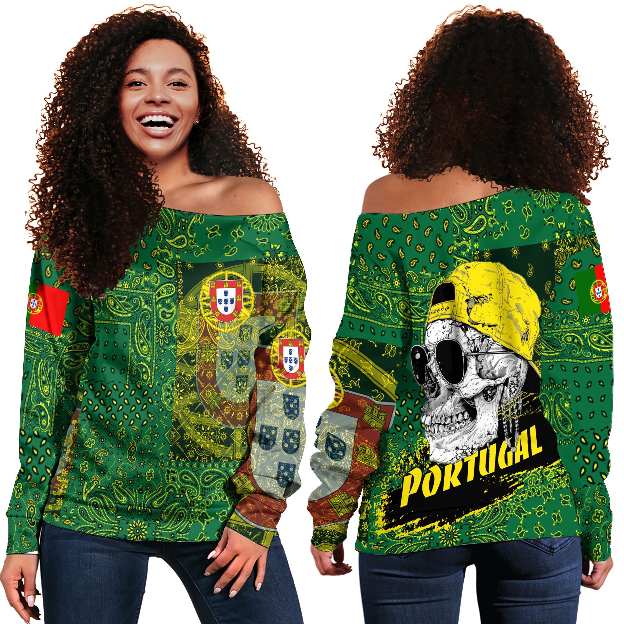 Portugal Women Off Shoulder Sweatshirt Paisley Flag And Skull Style 1