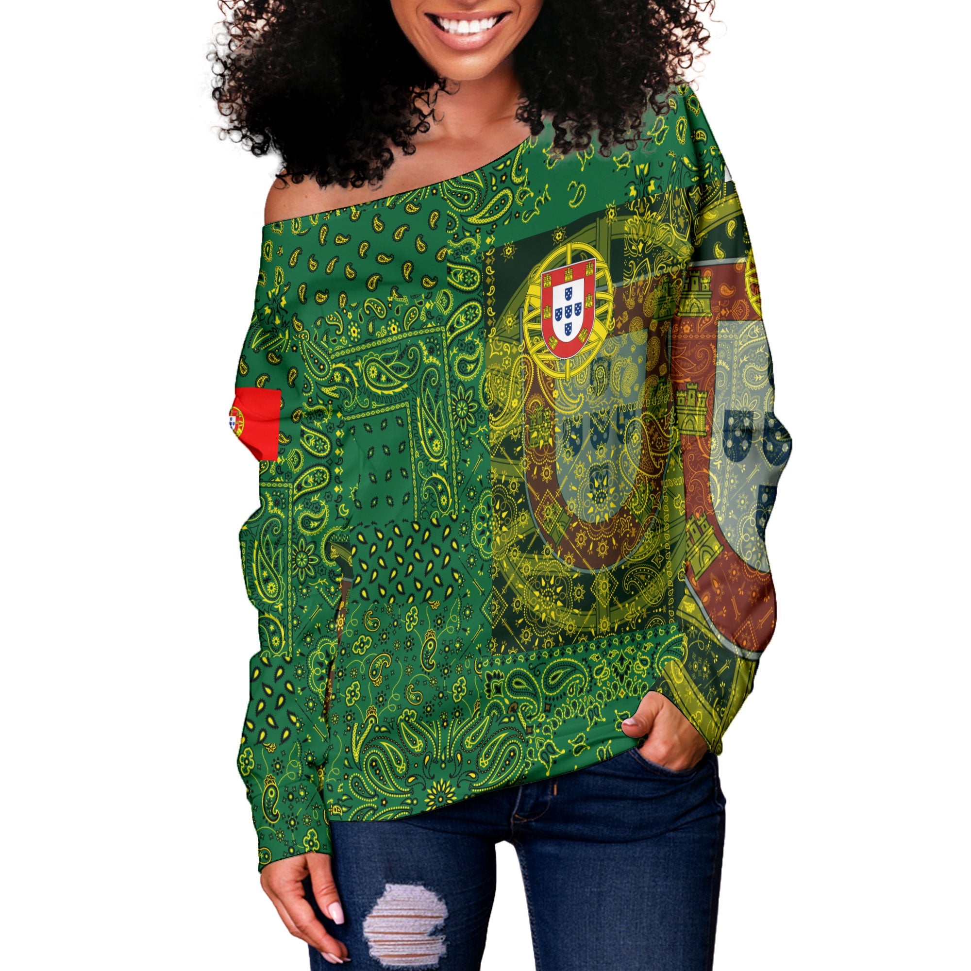 Portugal Women Off Shoulder Sweatshirt Paisley Flag And Skull Style 2