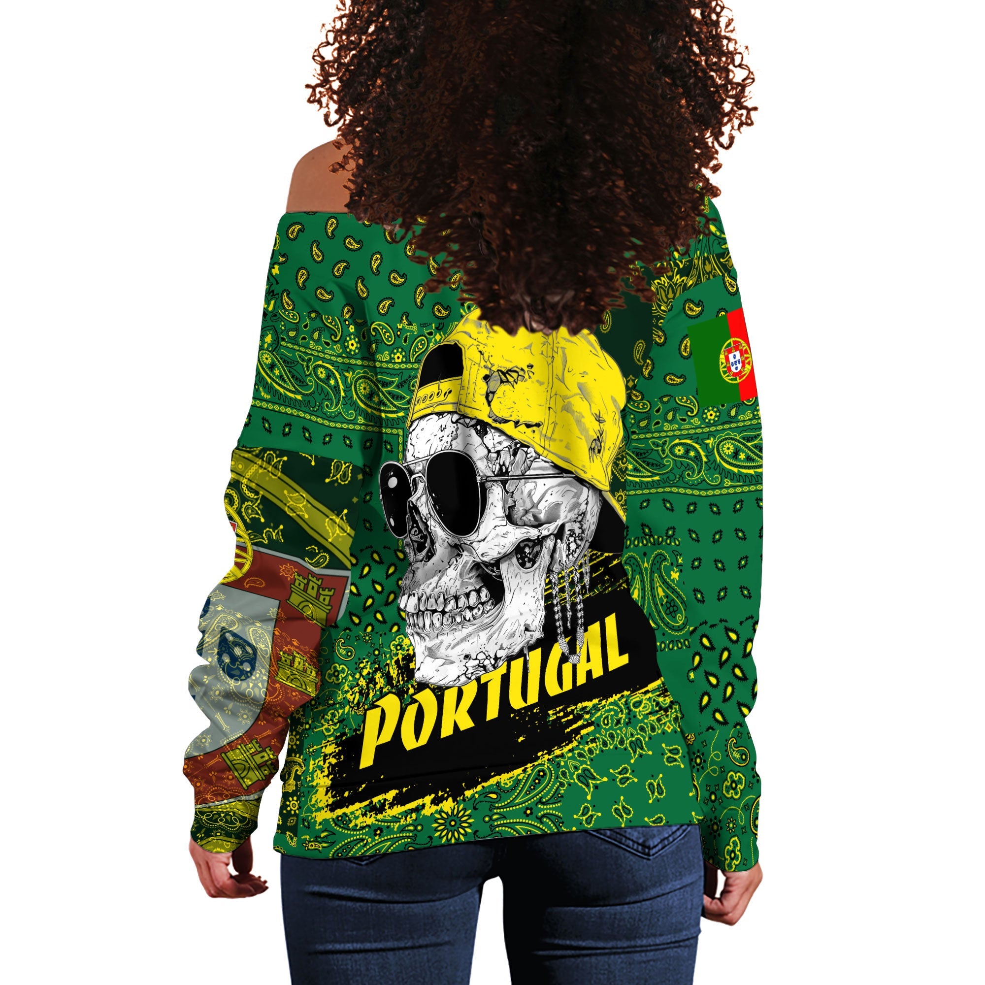 Portugal Women Off Shoulder Sweatshirt Paisley Flag And Skull Style 3