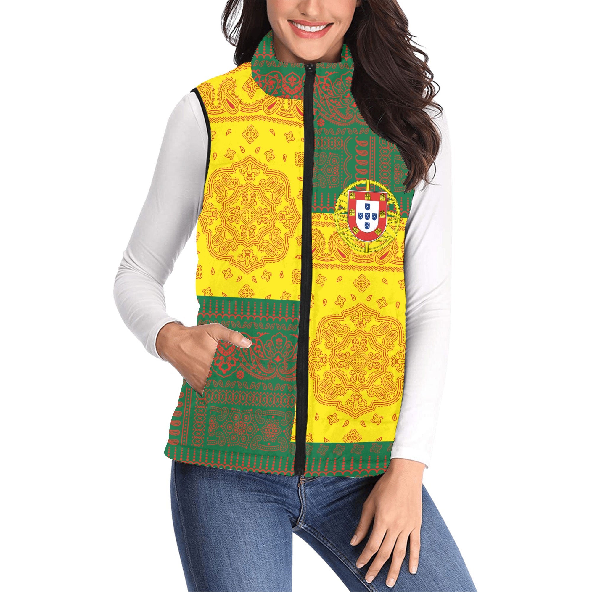 Portugal Women Padded Jacket Vest Flag And Paisley Basic Style 1