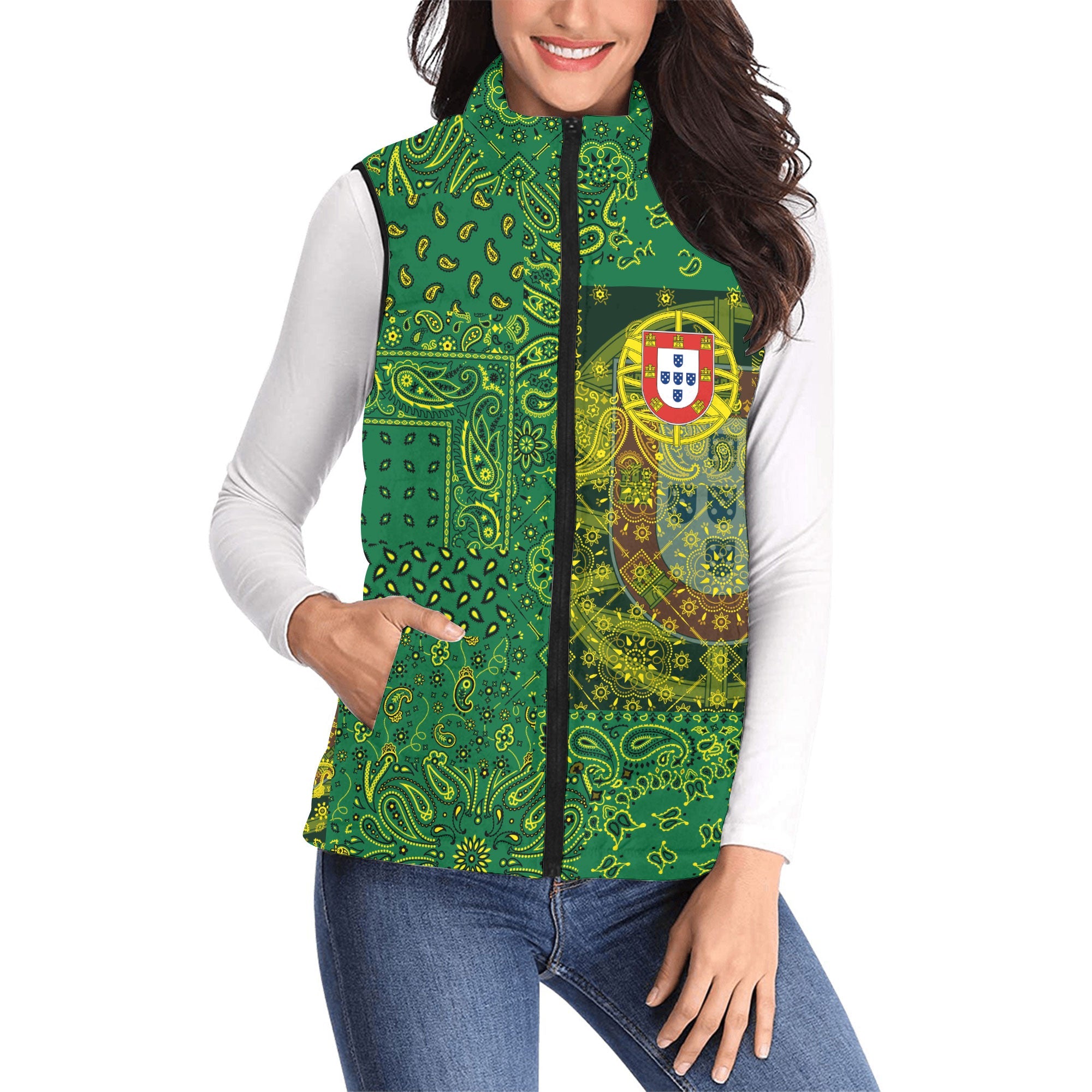 Portugal Women Padded Jacket Vest Paisley Flag And Skull Style 1