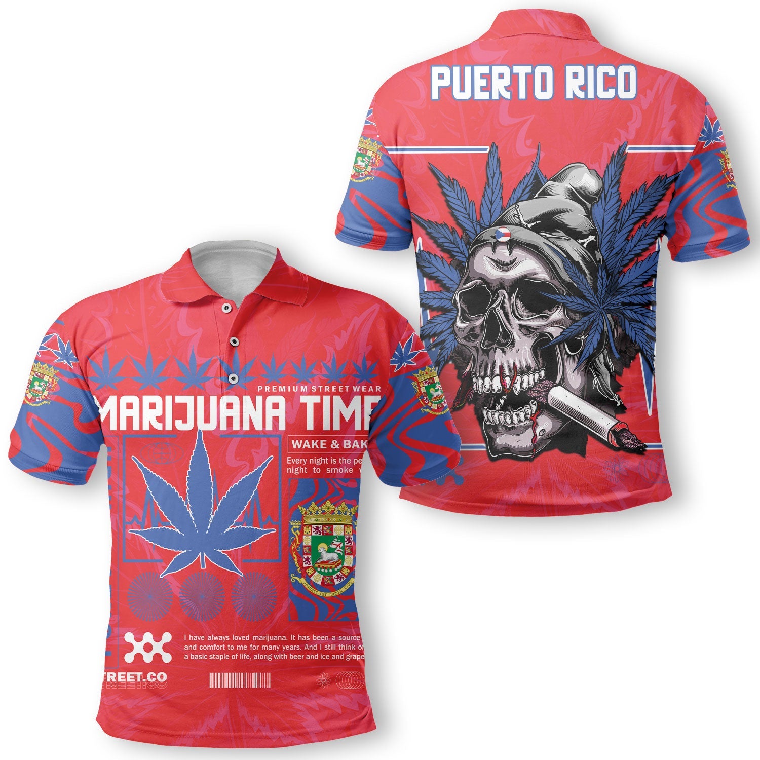 Puerto Rico Polo Shirt Flag & Coat Of Arms Marijuanas Style