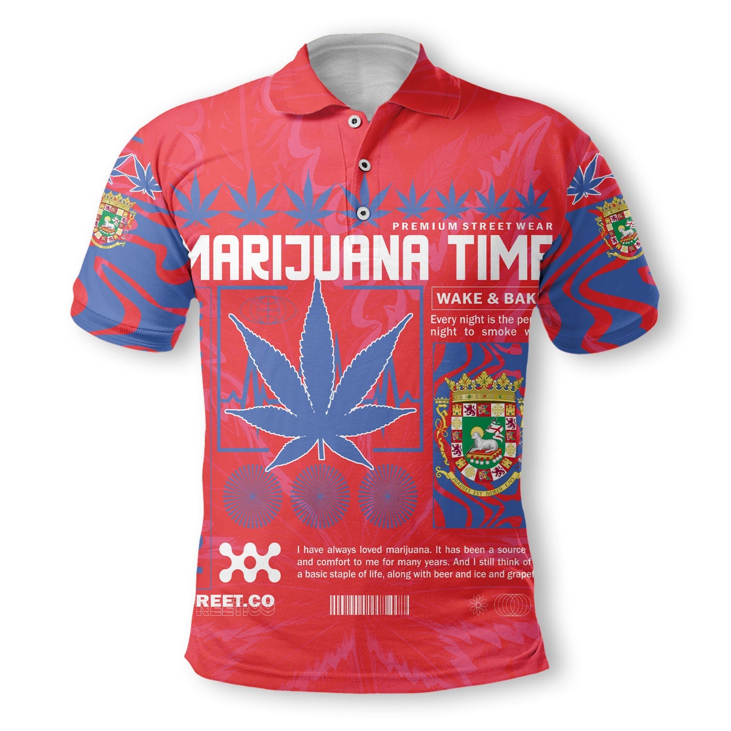 Puerto Rico Polo Shirt Flag & Coat Of Arms Marijuanas Style