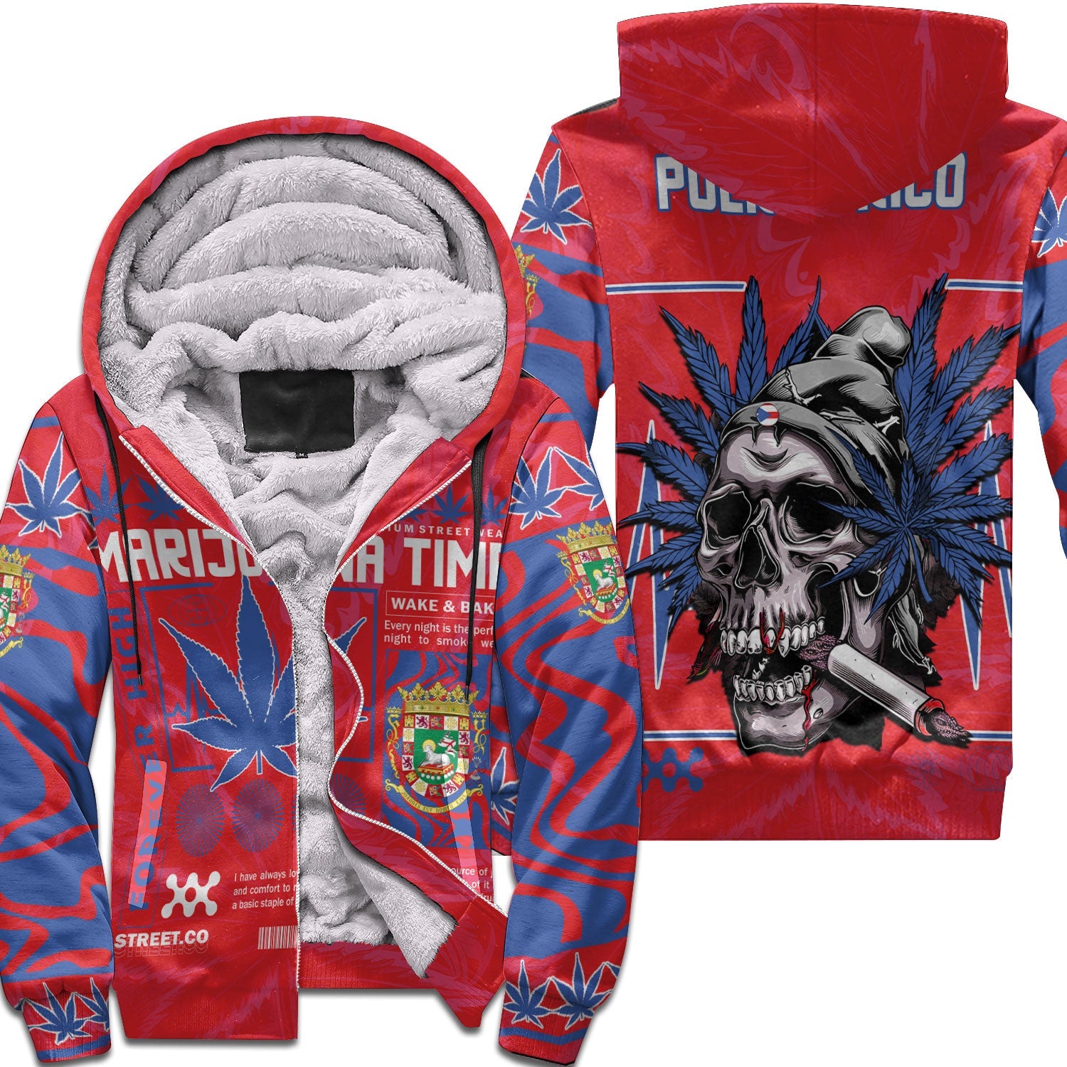 Puerto Rico Sherpa Hoodie Flag & Coat Of Arms Marijuanas Style