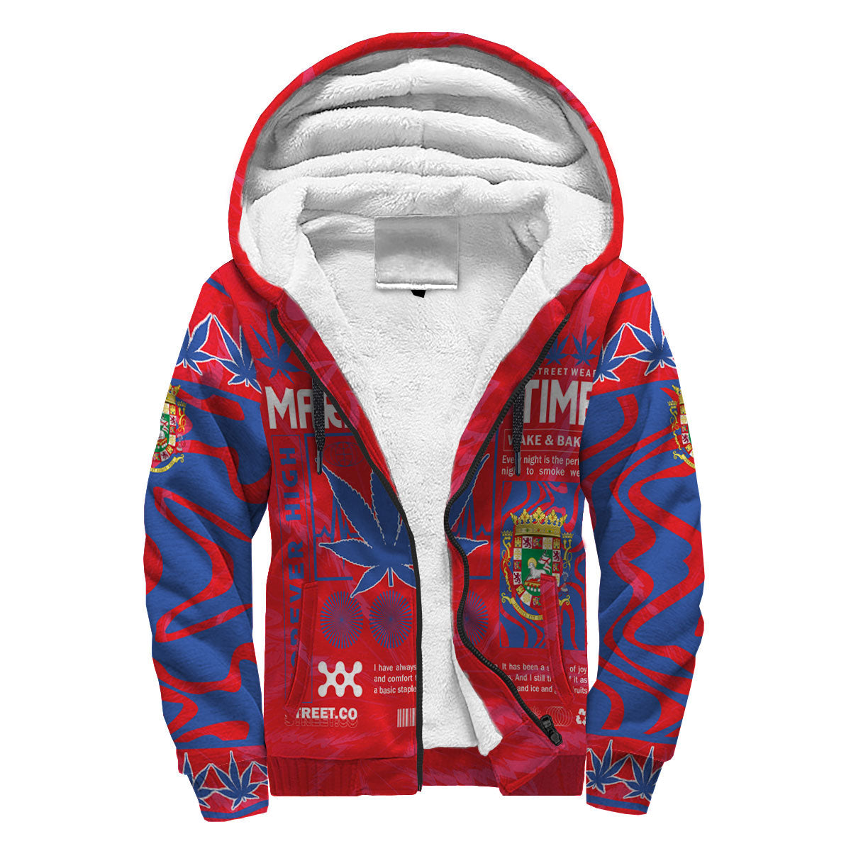 Puerto Rico Sherpa Hoodie Flag & Coat Of Arms Marijuanas Style