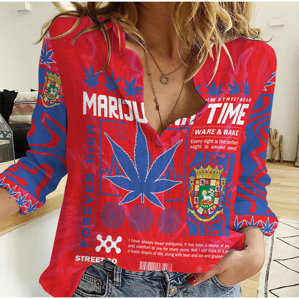 Puerto Rico Women Casual Shirt Flag & Coat Of Arms Marijuanas Style