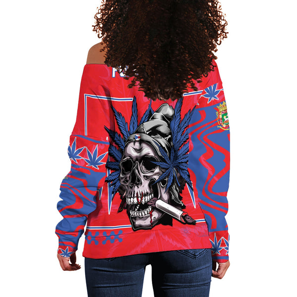 Puerto Rico Women Off Shoulder Sweatshirt Flag & Coat Of Arms Marijuanas Style