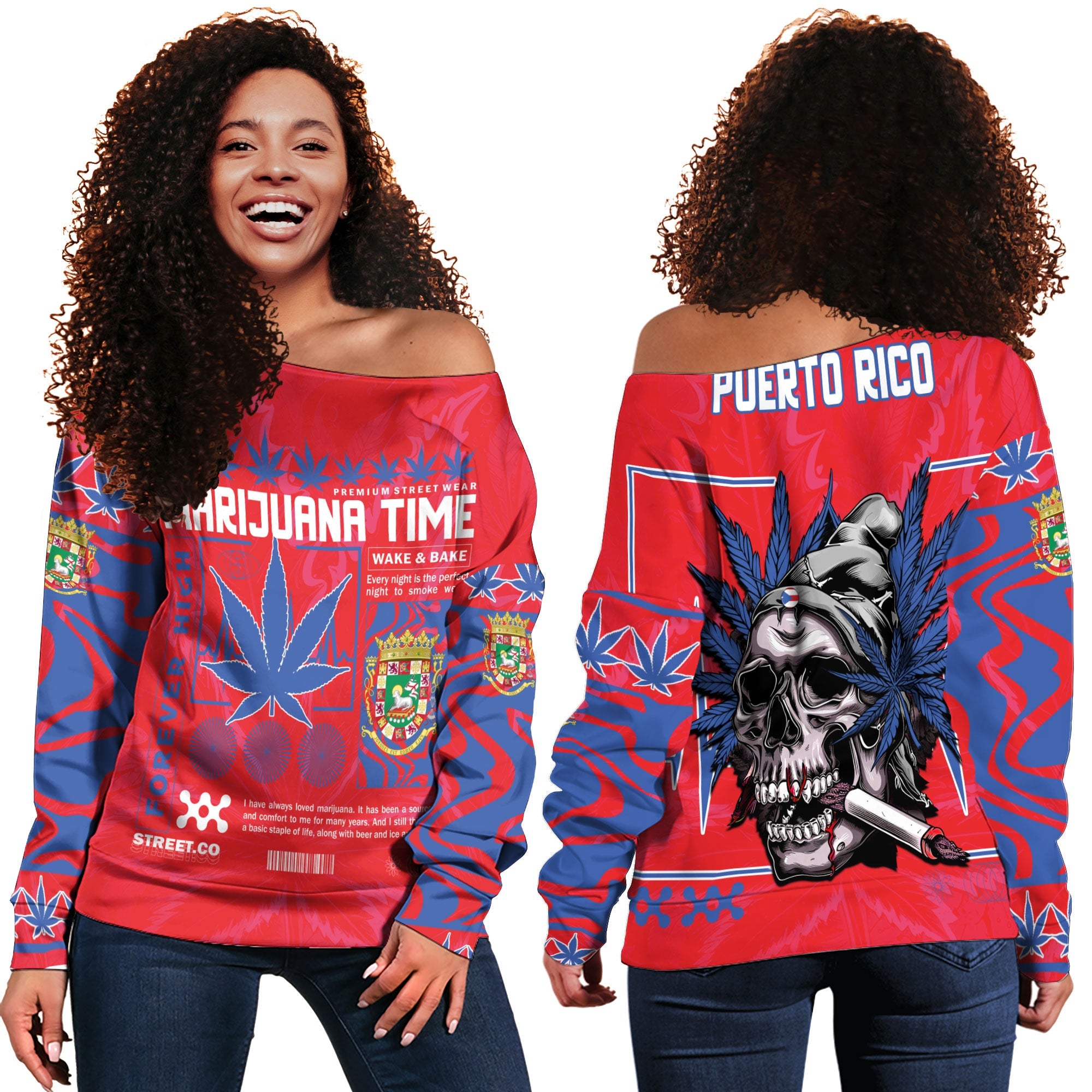 Puerto Rico Women Off Shoulder Sweatshirt Flag & Coat Of Arms Marijuanas Style