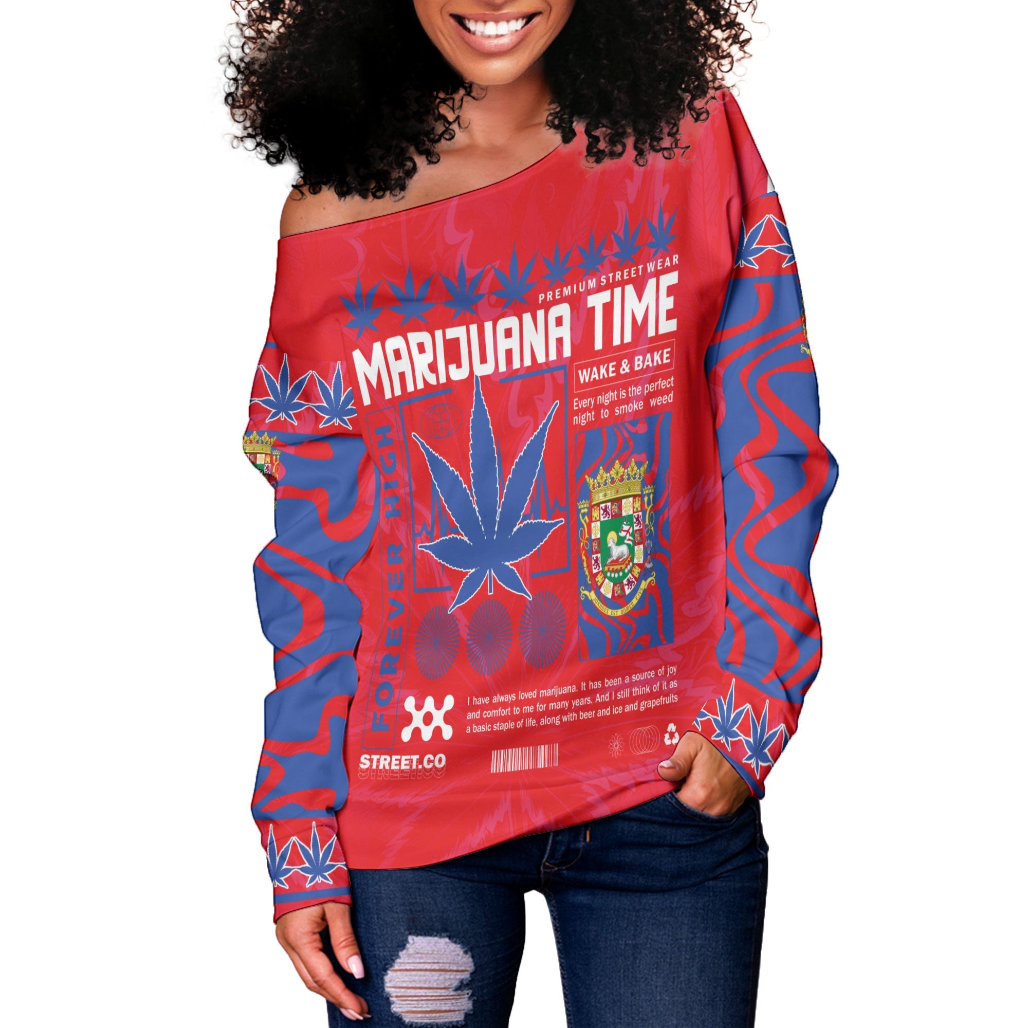 Puerto Rico Women Off Shoulder Sweatshirt Flag & Coat Of Arms Marijuanas Style